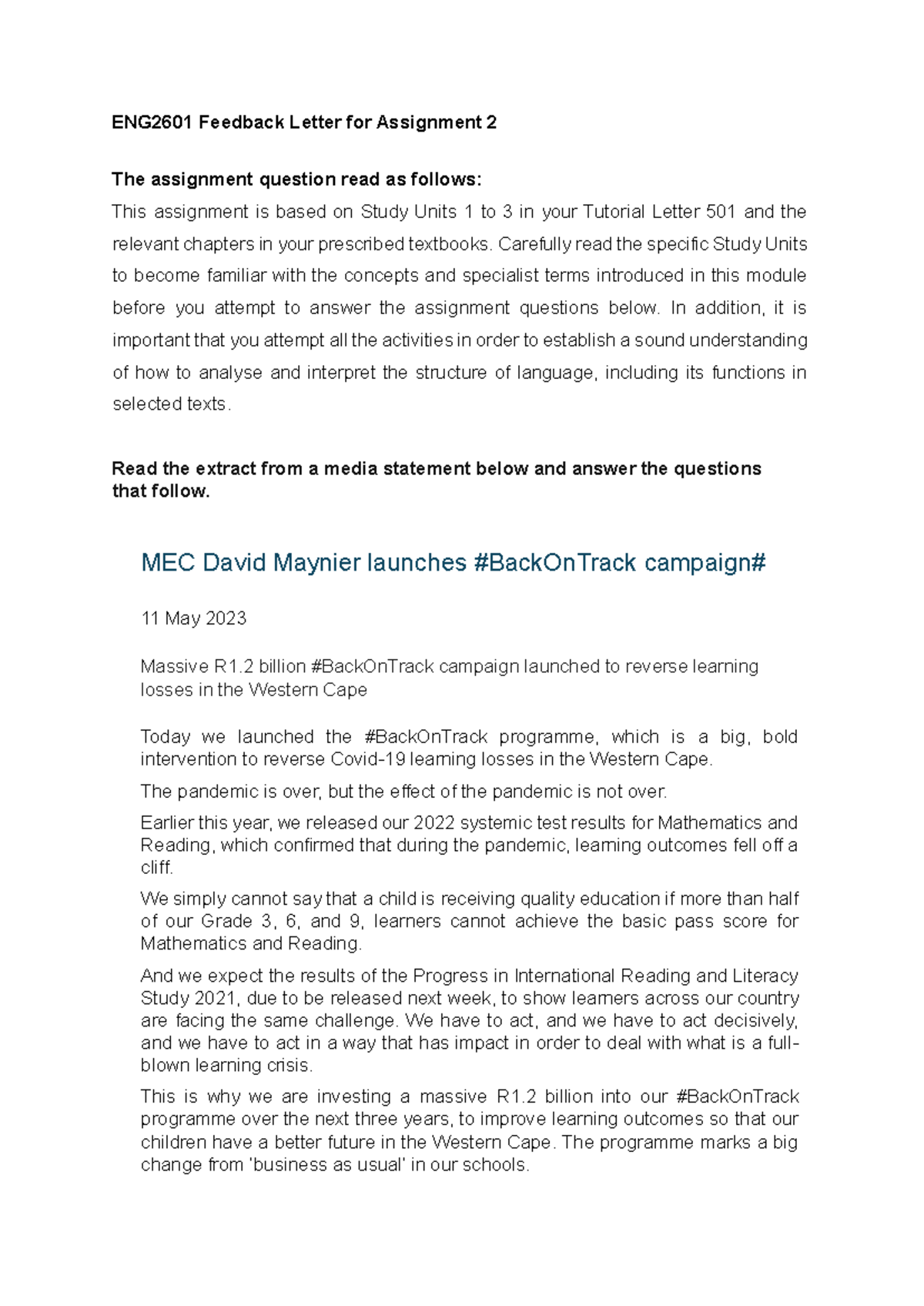 Feedback letter assignment 2 - ENG2601 Feedback Letter for Assignment 2 ...