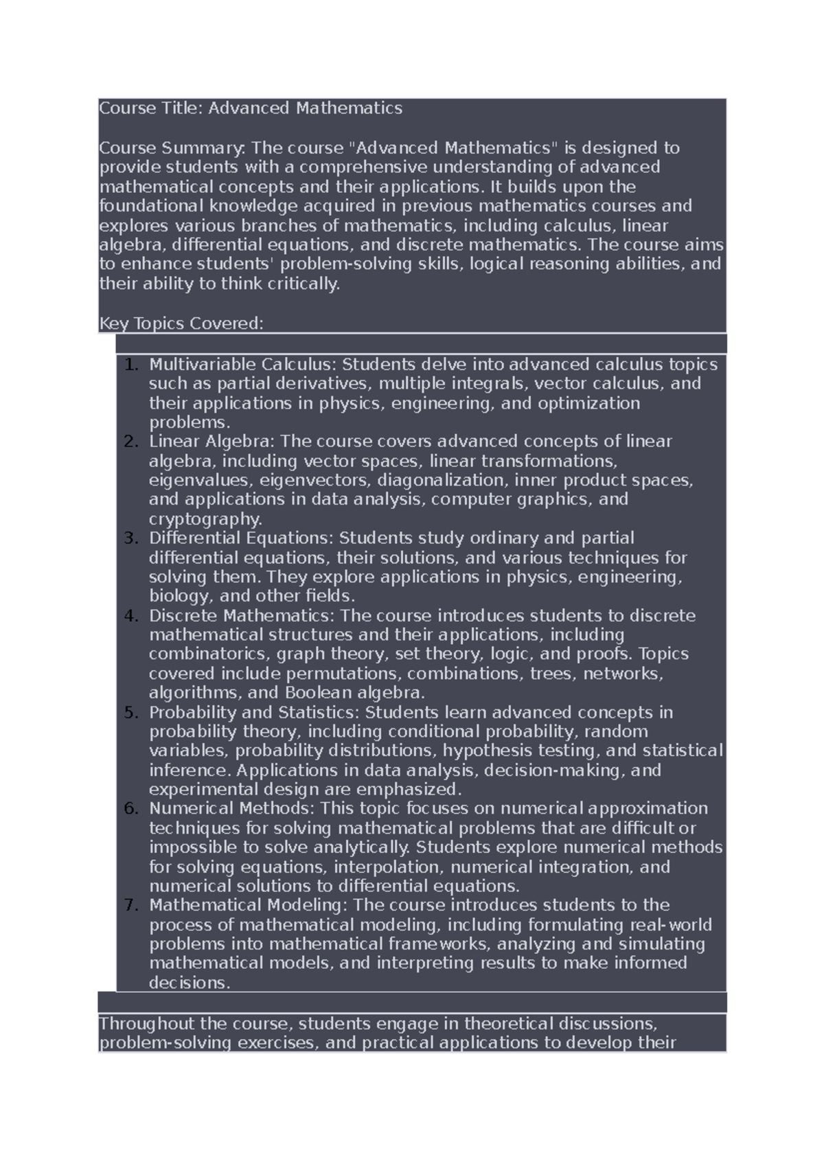 Summary math - Course Title: Advanced Mathematics Course Summary: The ...