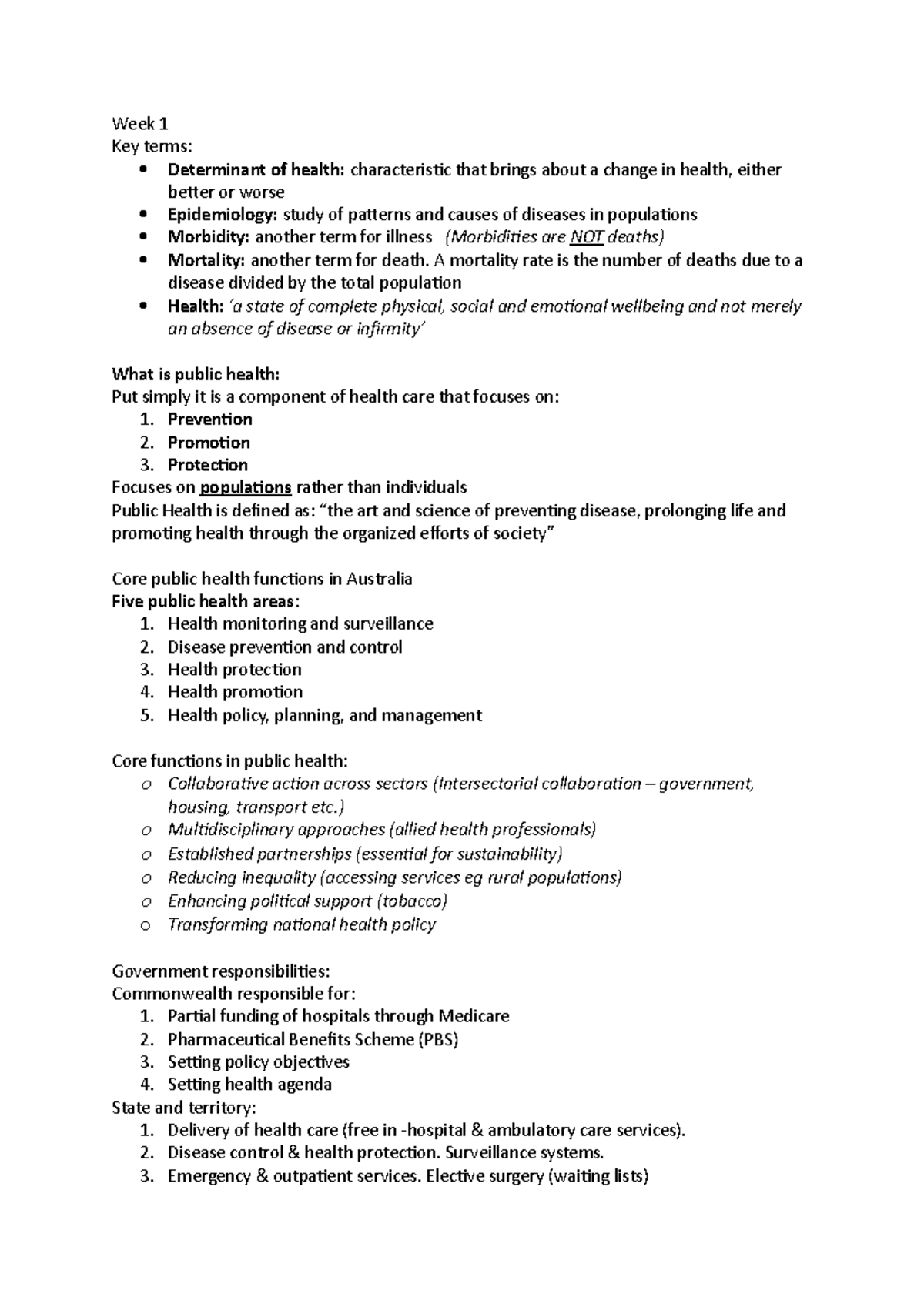 Public health notes - Week 1 Key terms: Determinant of health ...