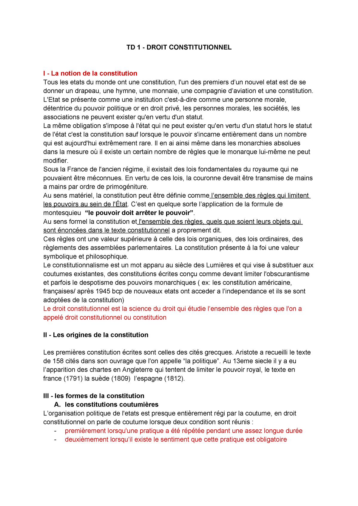 TD 1 - Droit Constitutionnel - TD 1 - DROIT CONSTITUTIONNEL I - La ...