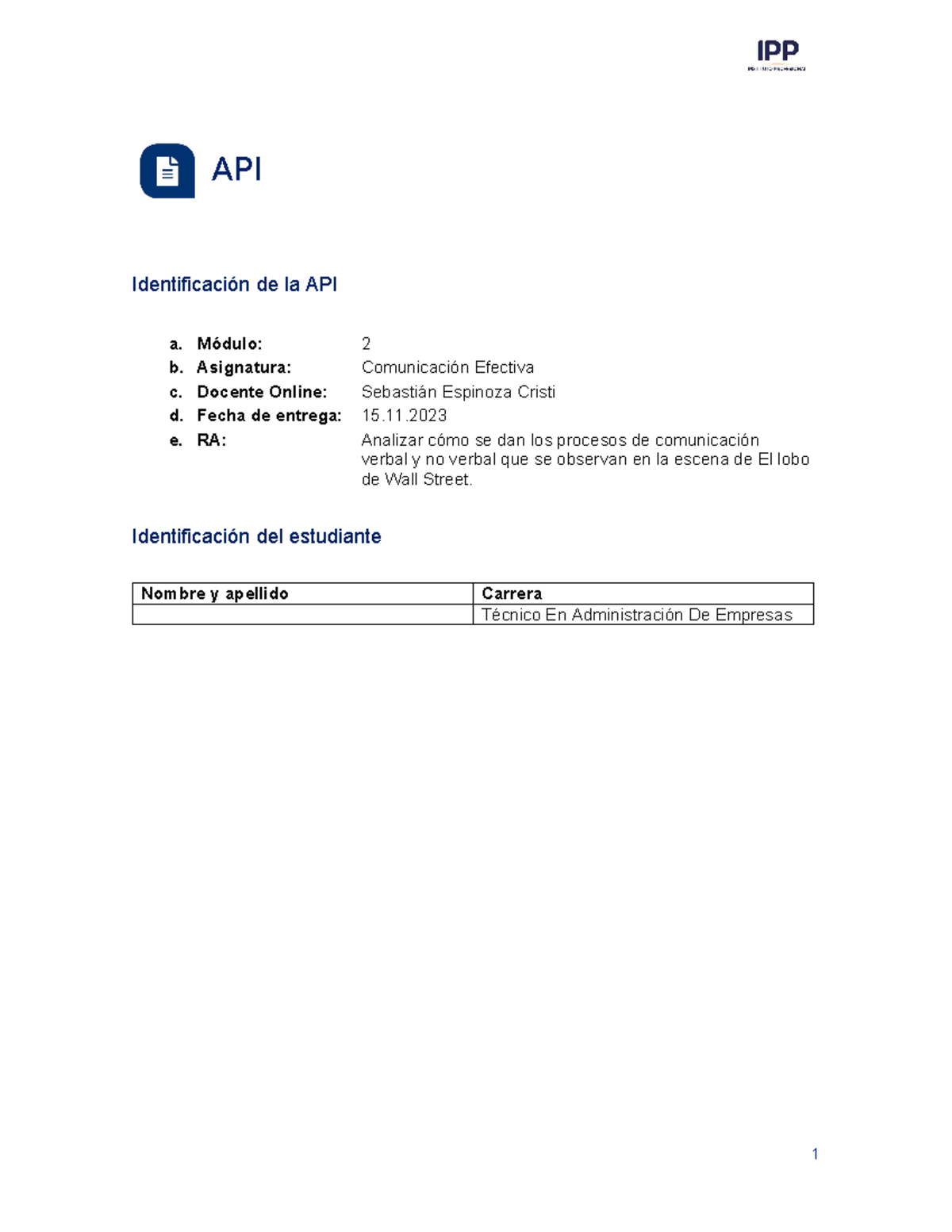 M2 E1 Comunicación efectiva - API Identificación de la API a. Módulo: 2 ...