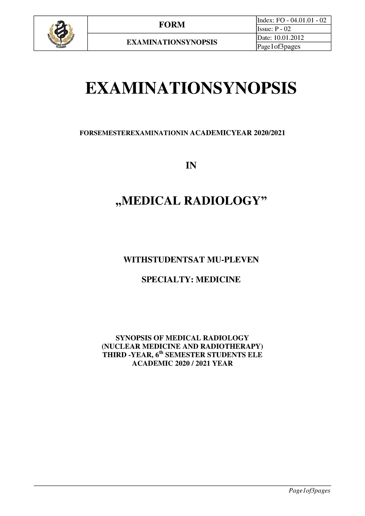 Radiology Synopsis - Form Index: Fo - 04.01 - 02 Issue: P - 02 