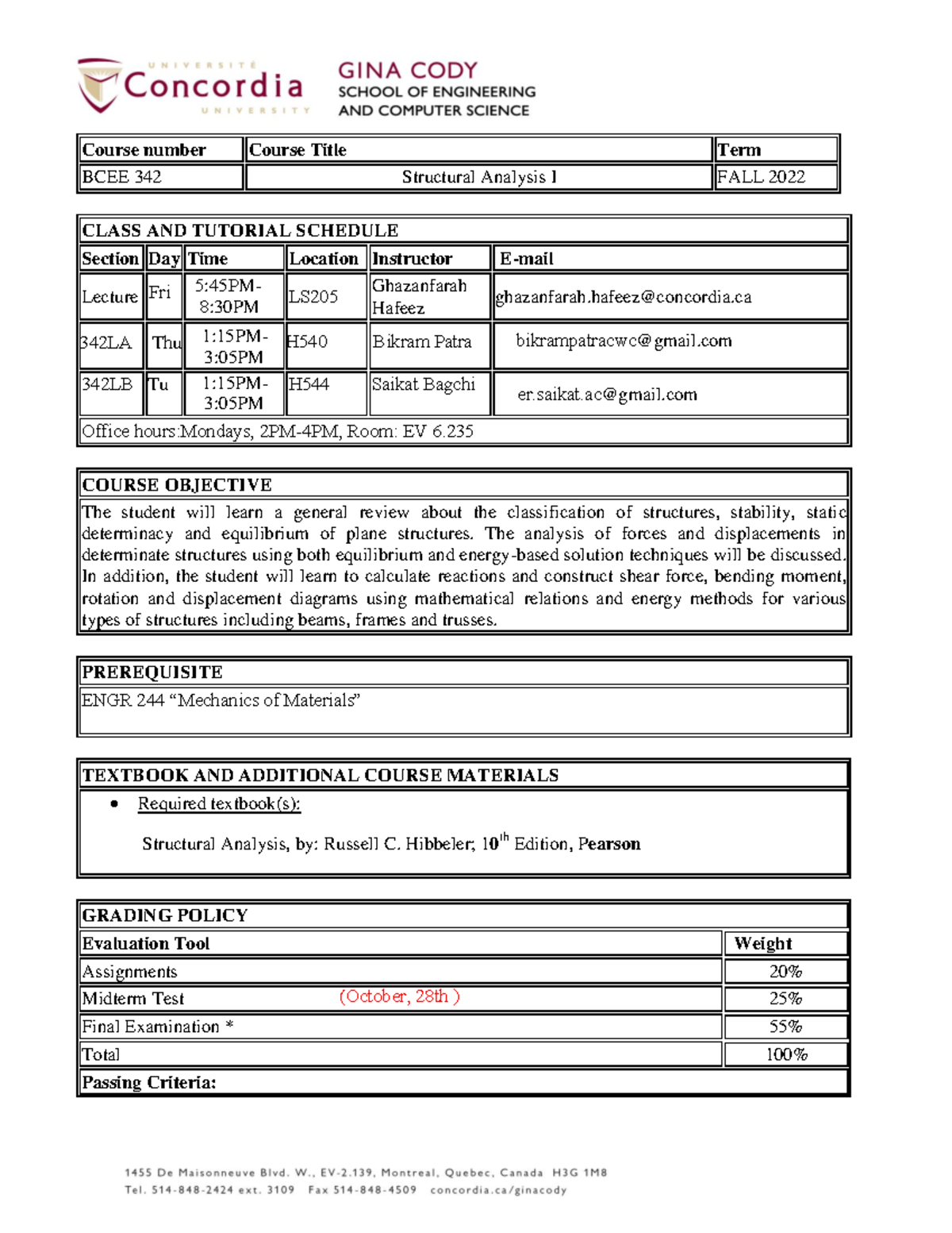 BCEE 342 - Fall 2022-Course Outline - Course Number Course Title Term ...