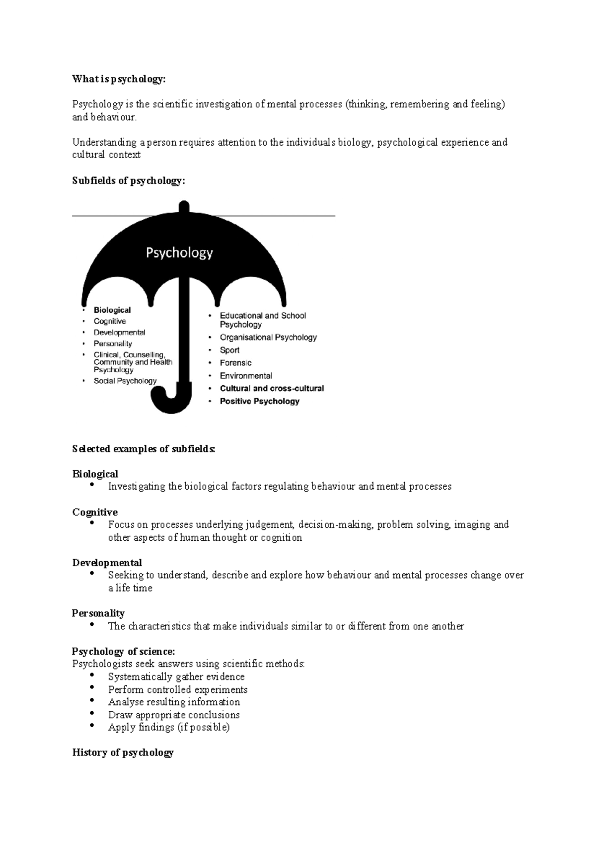 Psych 1A - Week 1 - notes - What is psychology: Psychology is the ...