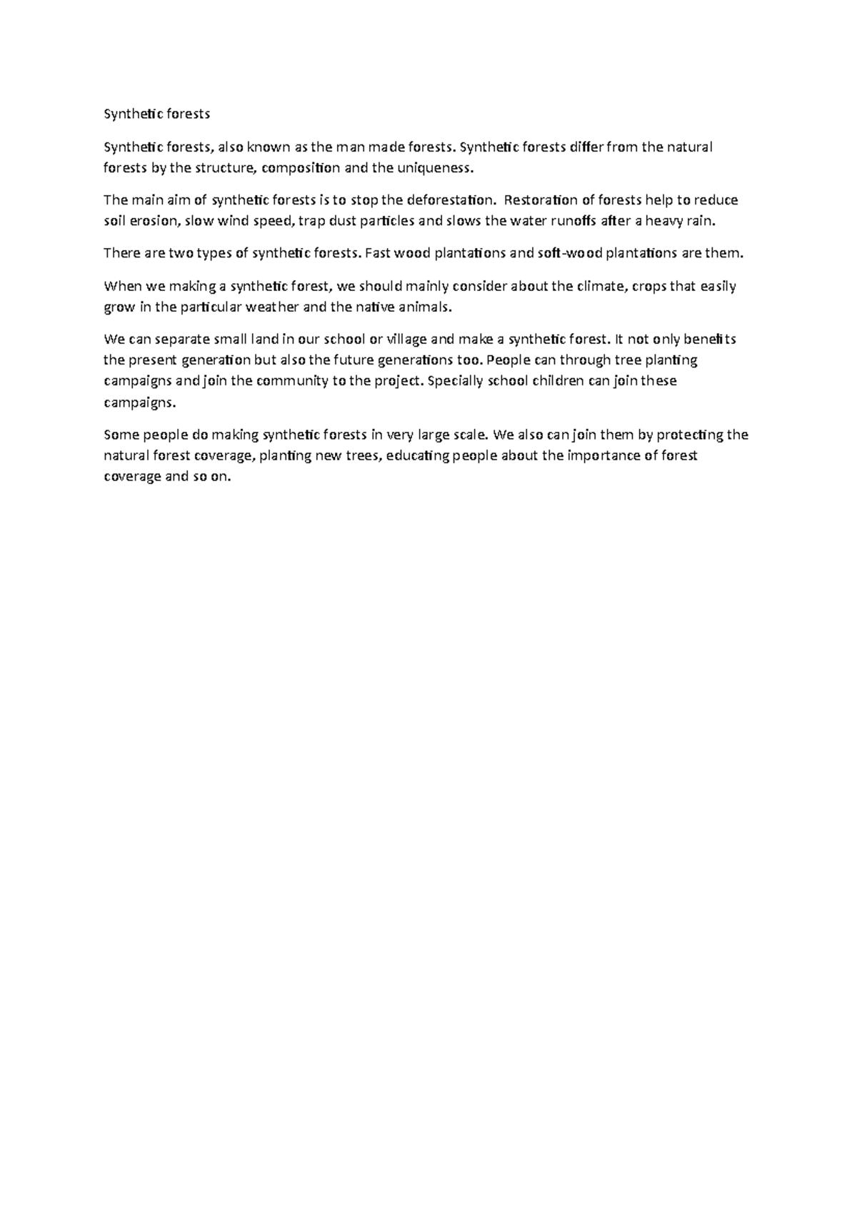 Synthetic forests and how to contribute them. Synthetic forests