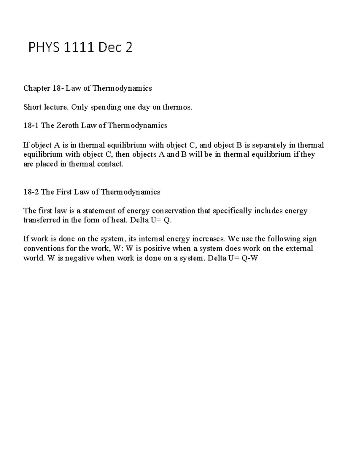 PHYS 1111 Dec 2 - KK Mon - Chapter 18- Law Of Thermodynamics Short ...