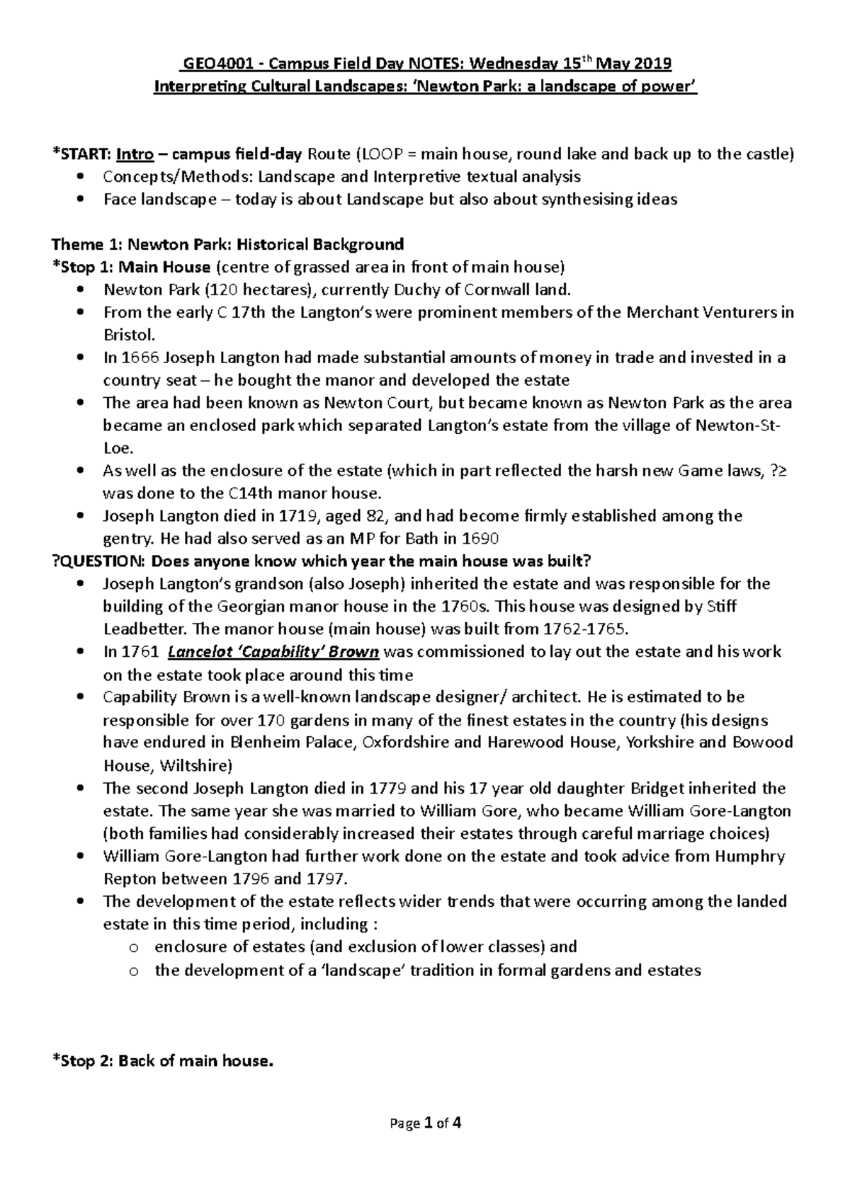 Lecture 7 Fieldtrip Field Notes GEO4001 Campus Field Day NOTES