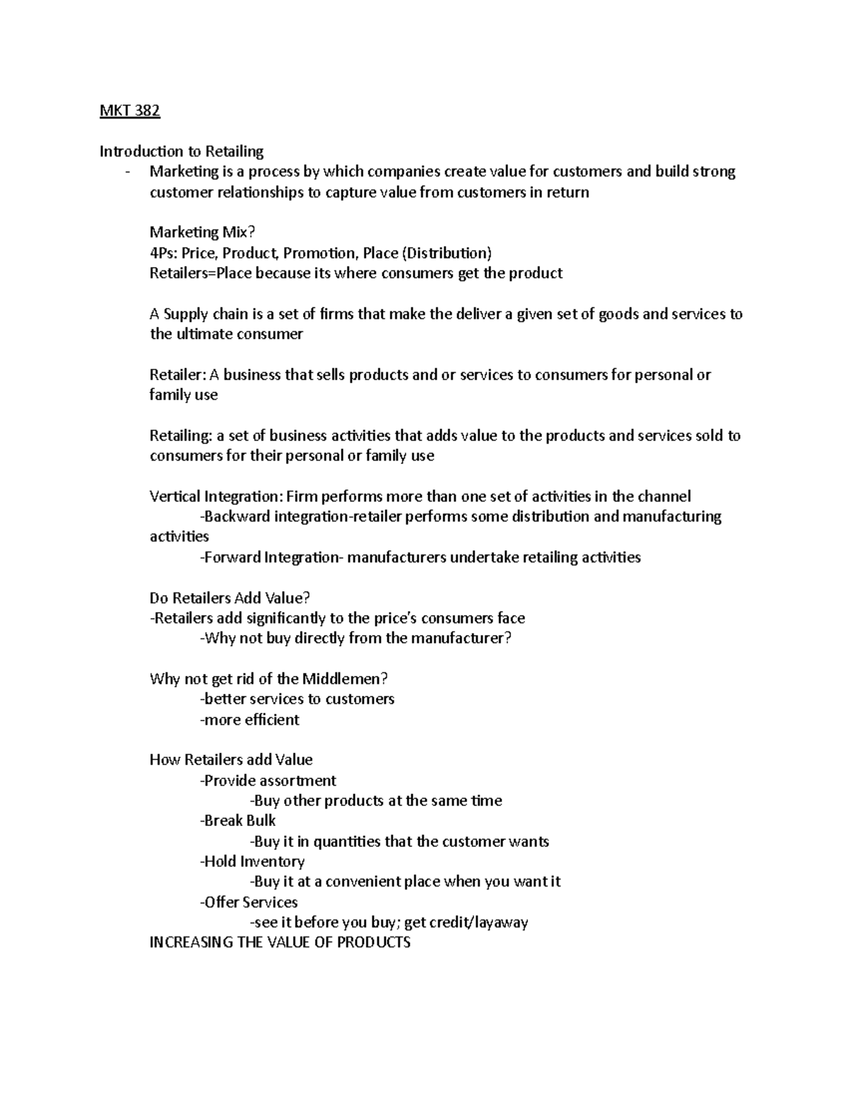 Retail Management - Lecture notes All - MKT 382 Introduction to ...