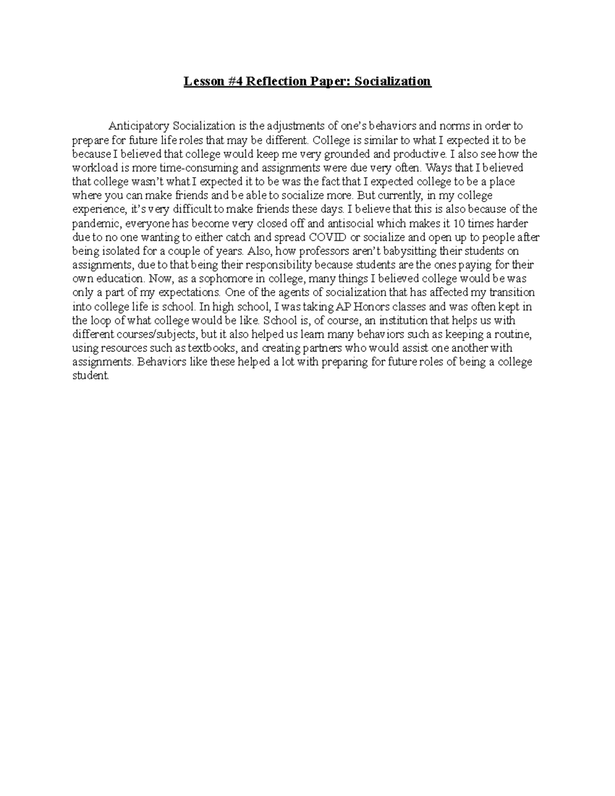 Lesson #4 Reflection Paper - Lesson #4 Reflection Paper: Socialization ...