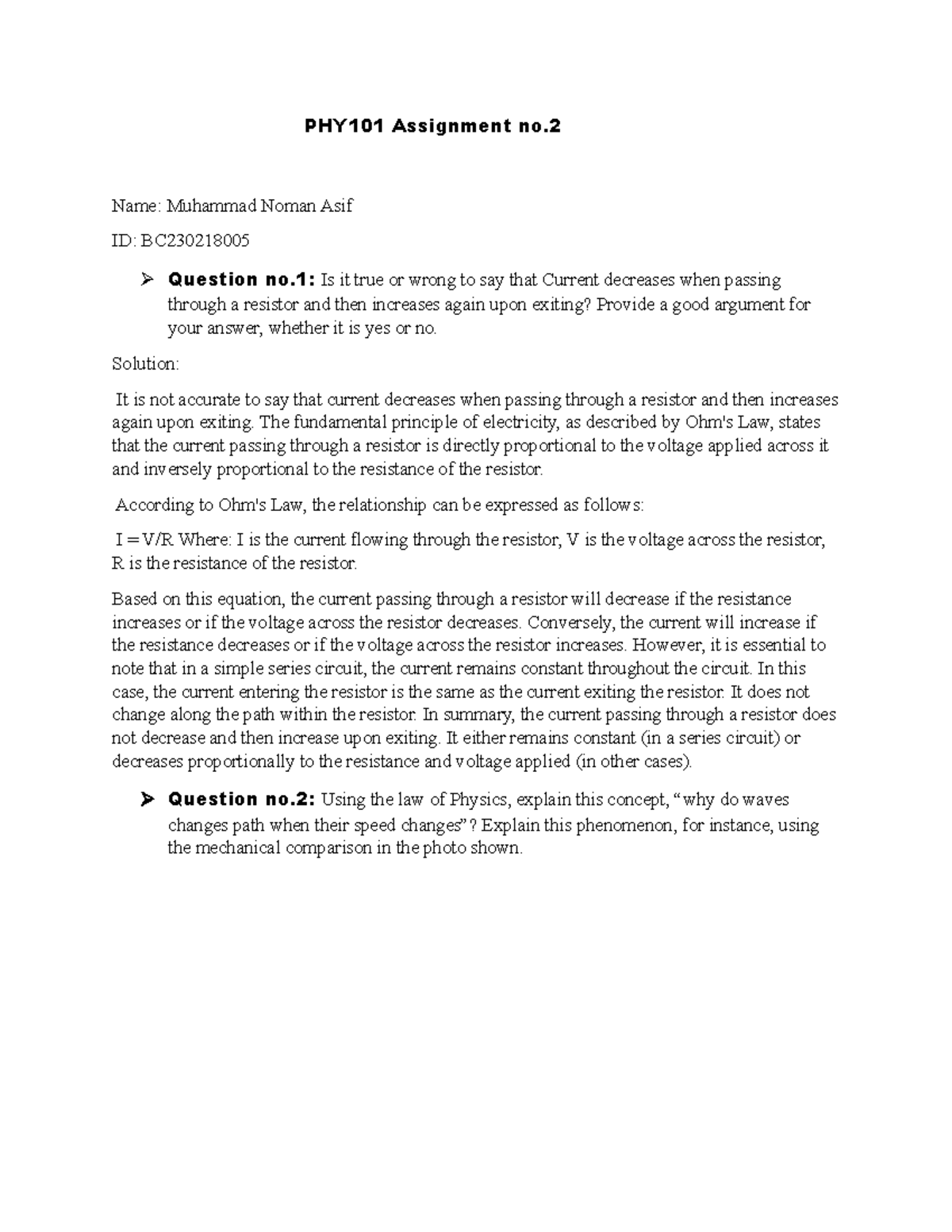 Phy101 Assignment No222222 Phy101 Assignment No Name Muhammad Noman Asif Id Bc Question No Phy101 Assignment No222222 Phy101 Assignment No Name Muhammad Noman Asif Id Bc Question No