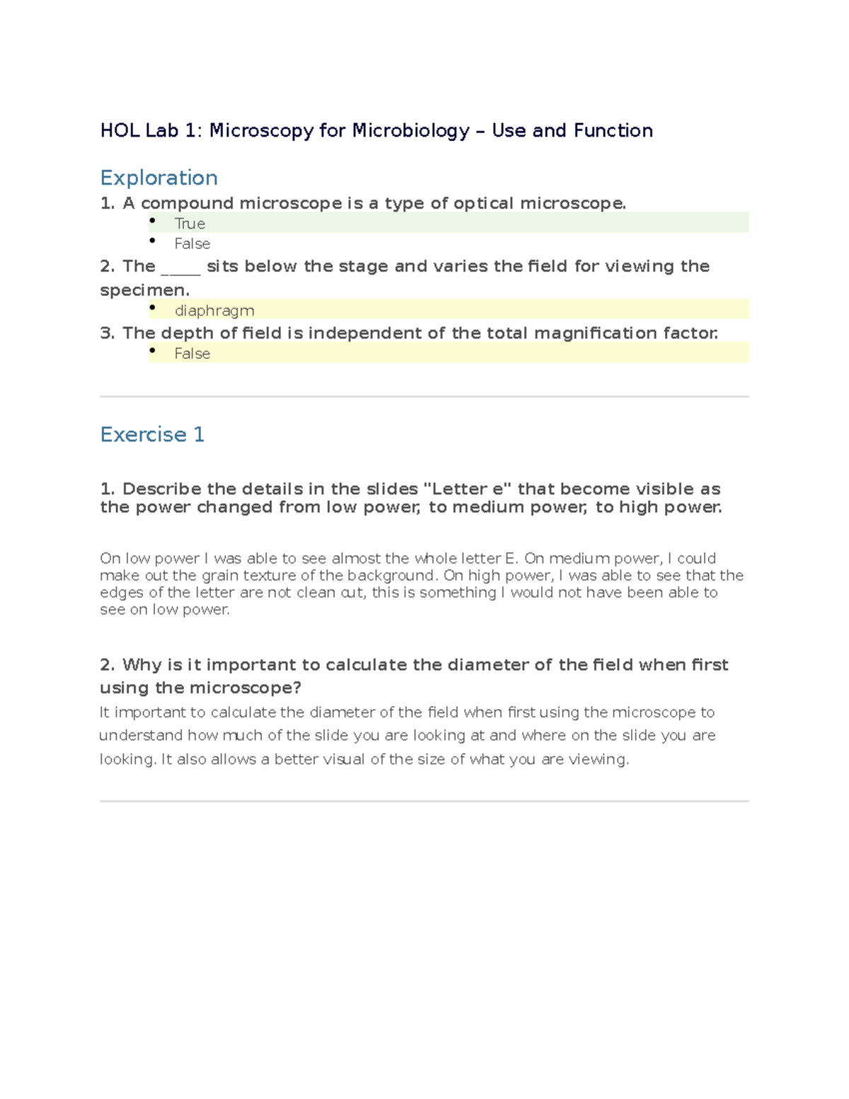 HOL Lab 1 HOL UNE Microbio 1020L Lab 1 HOL Lab 1 Microscopy for