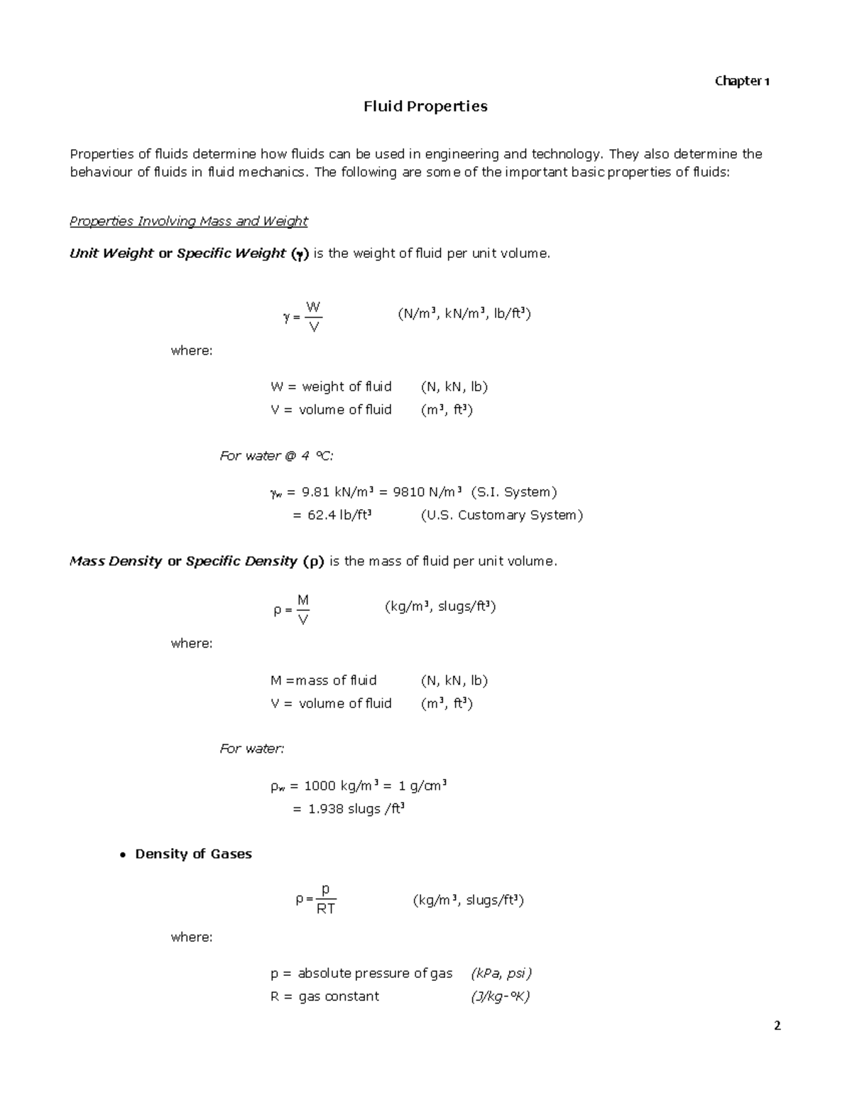 Chapter 1 Fluid Properties - Fluid Properties Properties of fluids ...