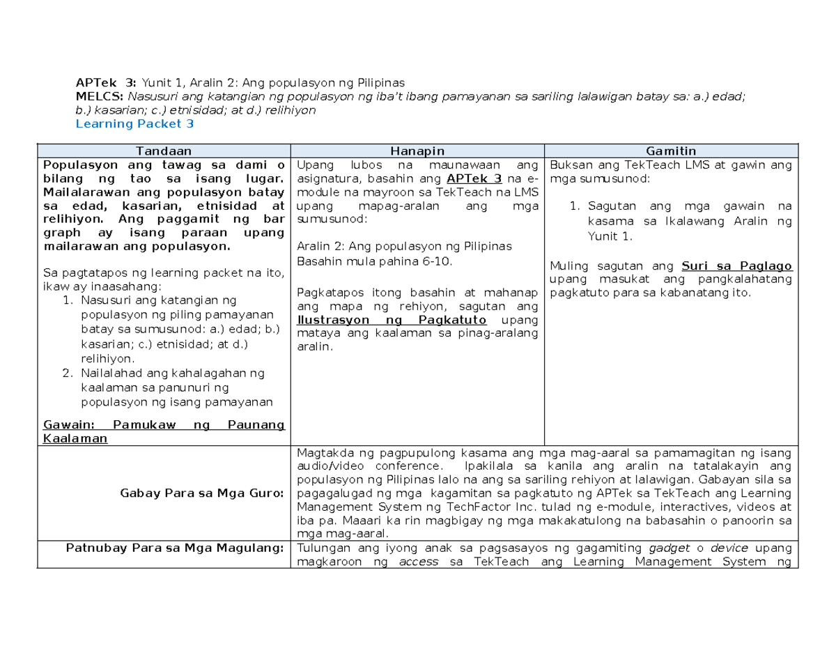 LP 3 Unit 1 revised - NACSDSFDHFG - APTek 3: Yunit 1, Aralin 2: Ang ...