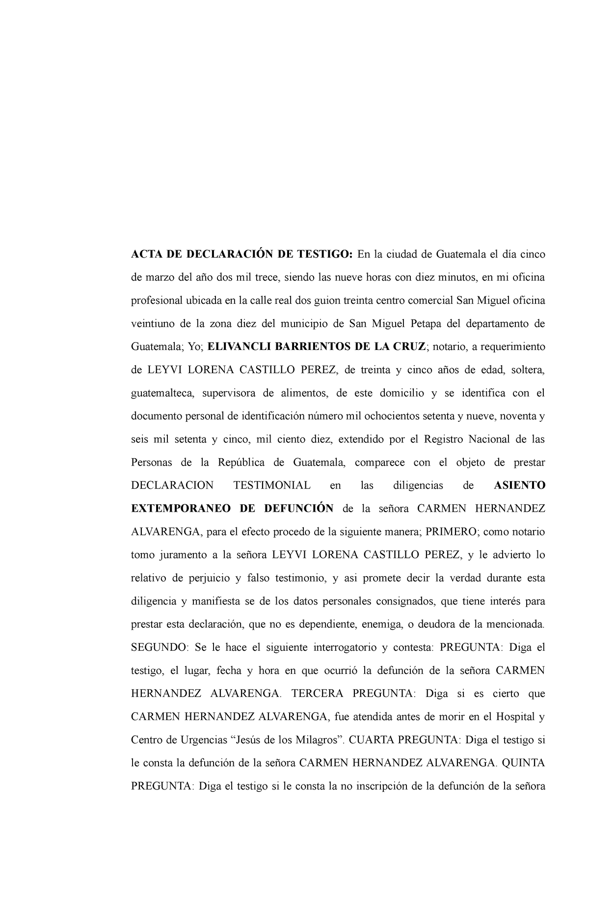 Acta De Declaracion De Testigo En Tramite De Asiento Extemporaneo Acta De DeclaraciÓn De 5786