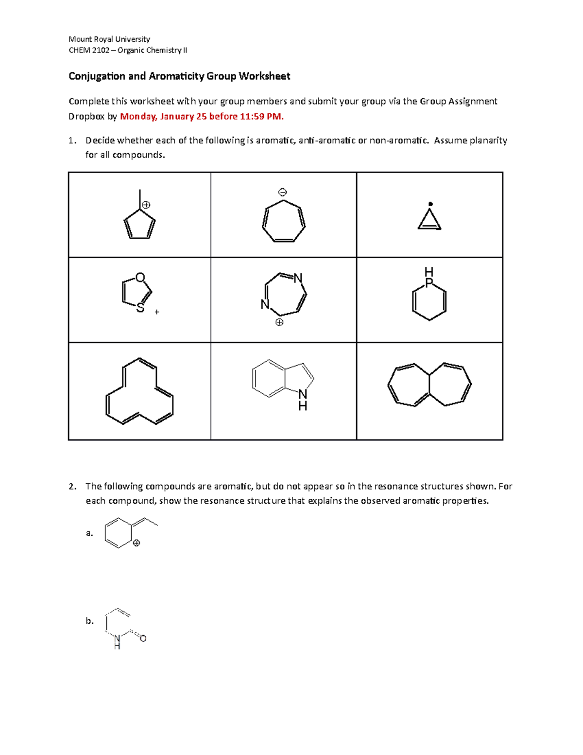 Tutorial 1 Conjugation And Aromaticity Worksheet Mount Royal University Chem 2102 Organic 0319