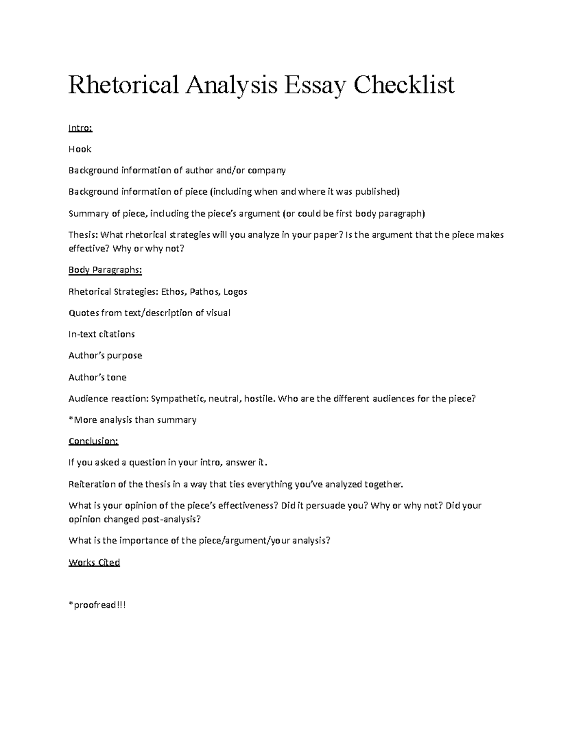 Rhetorical Analysis Essay Checklist - Rhetorical Analysis Essay ...