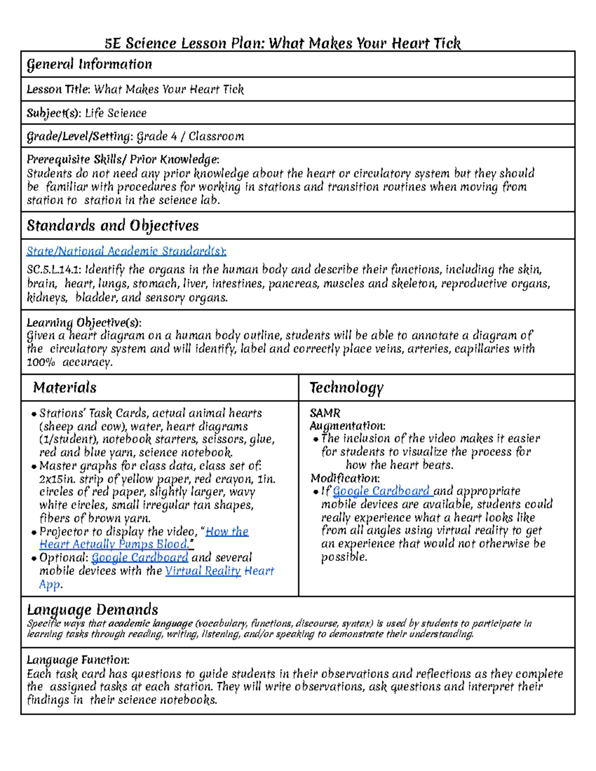 C382 Sample Lesson Plan-Heart - 5E Science Lesson Plan: What Makes Your ...