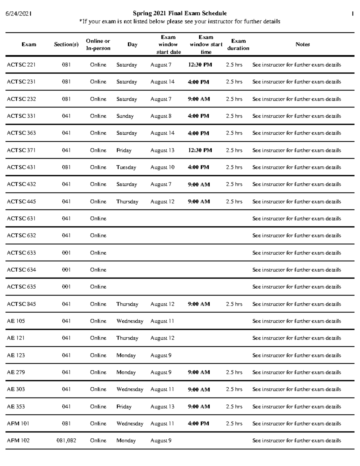 Spring 2021 final exam schedule 2 - Exam Section(s) Online or In-person