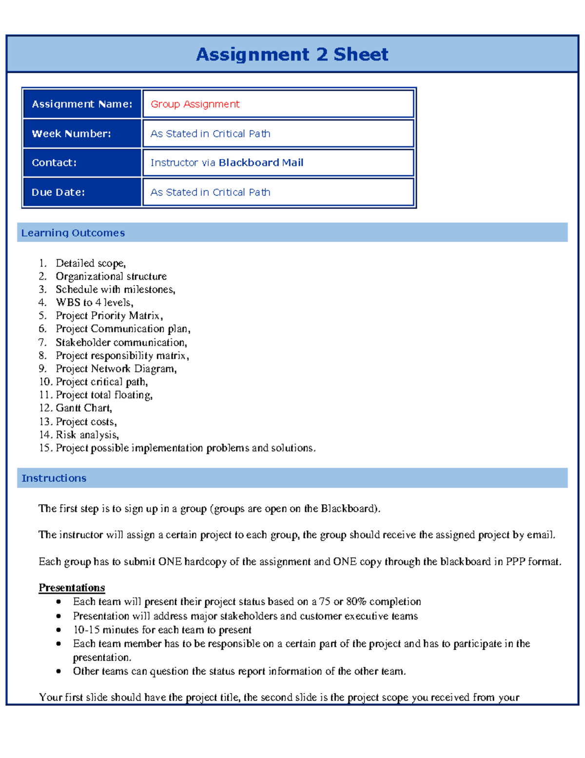 Assignment 2 - Detailed scope, 2. Organizational structure 3. Schedule ...
