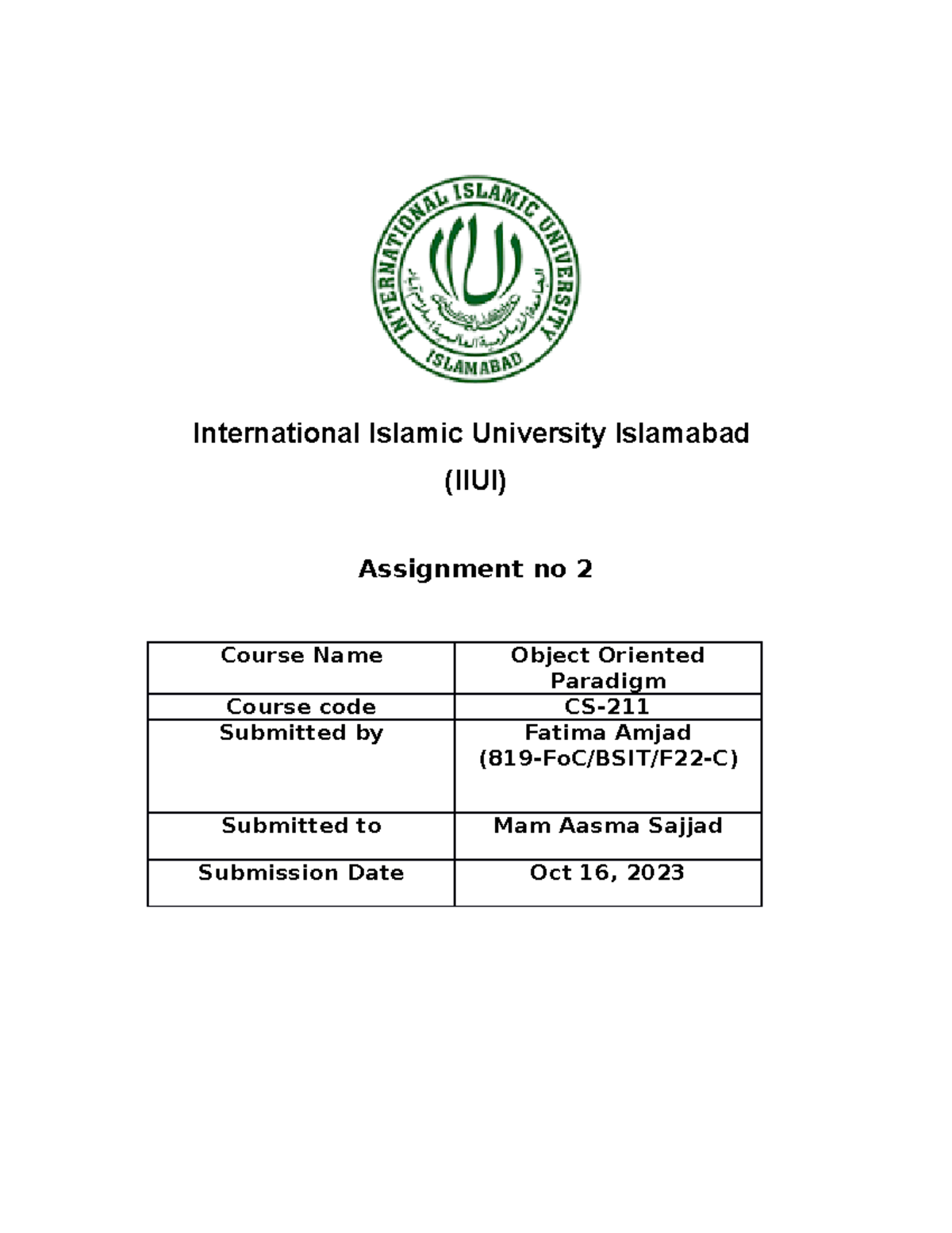 Assignment 1 (OOP) - ....... - International Islamic University ...