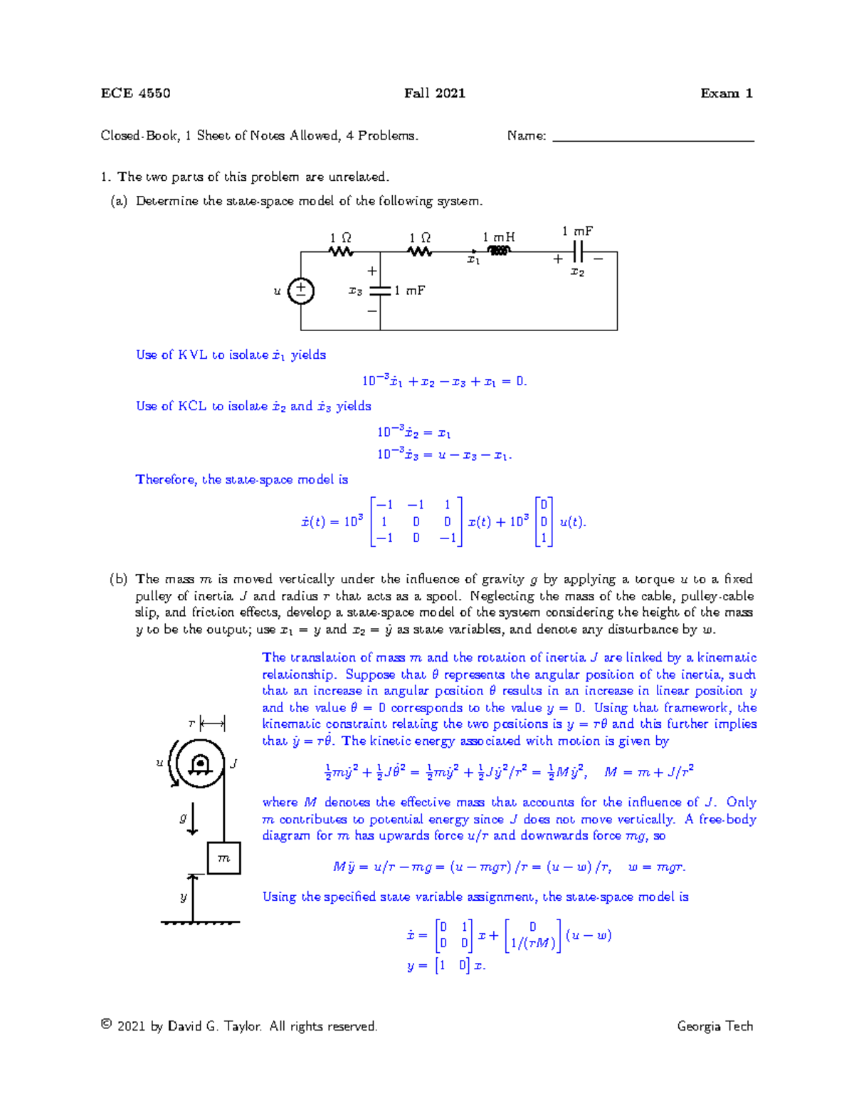 Exam1 Fall21 Solution - ECE 4550 Fall 2021 Exam 1 Closed-Book, 1 Sheet ...