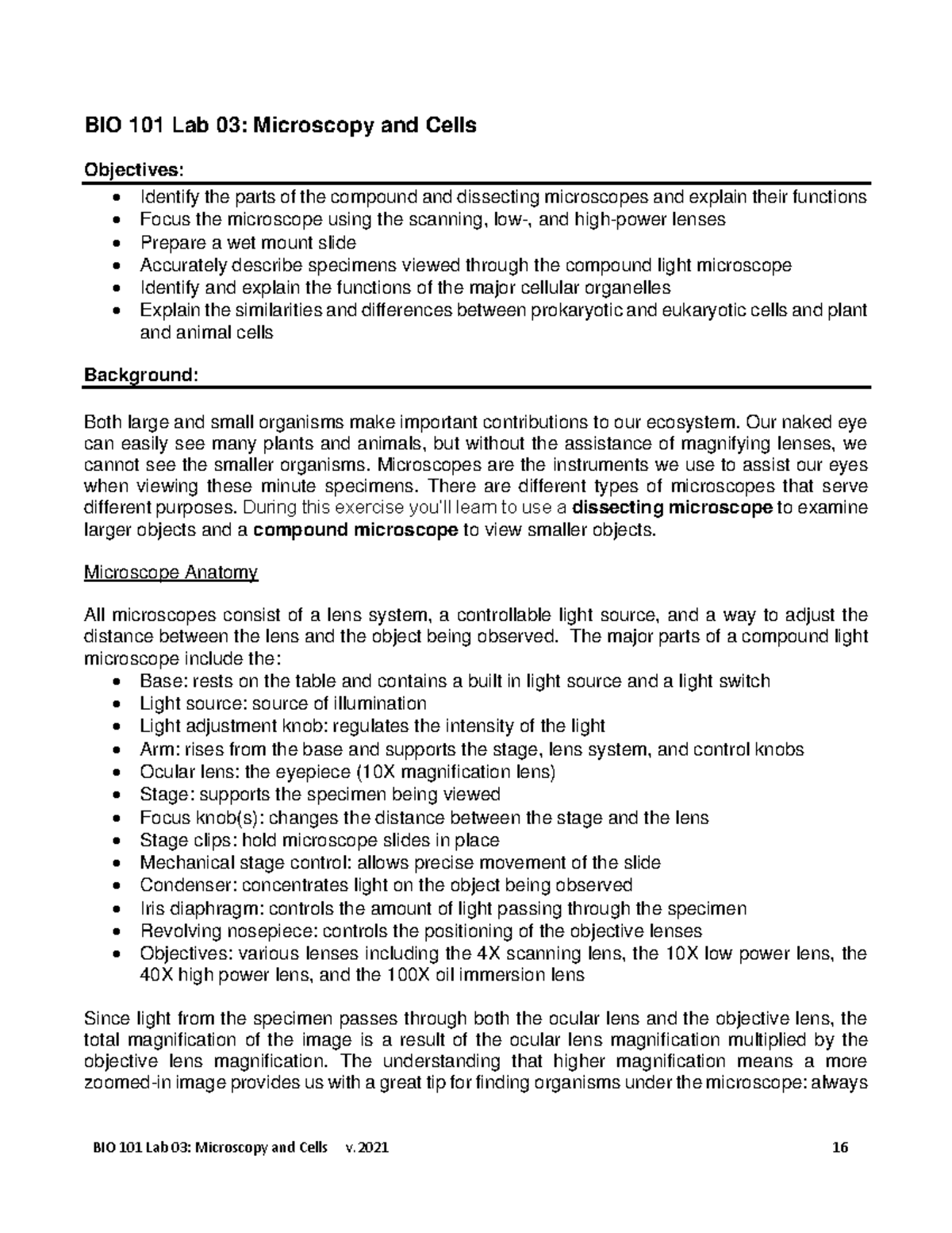 BIO101 Lab03 Microscopy&Cells-3 - BIO 101 Lab 0 3: Microscopy and Cells ...