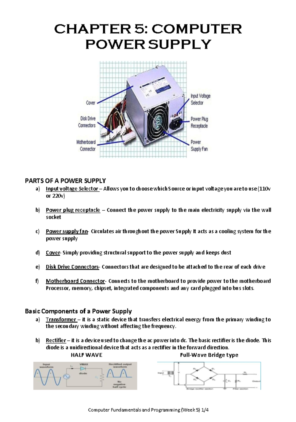 Computer Power Supply CHAPTER 5 COMPUTER POWER SUPPLY PARTS OF A