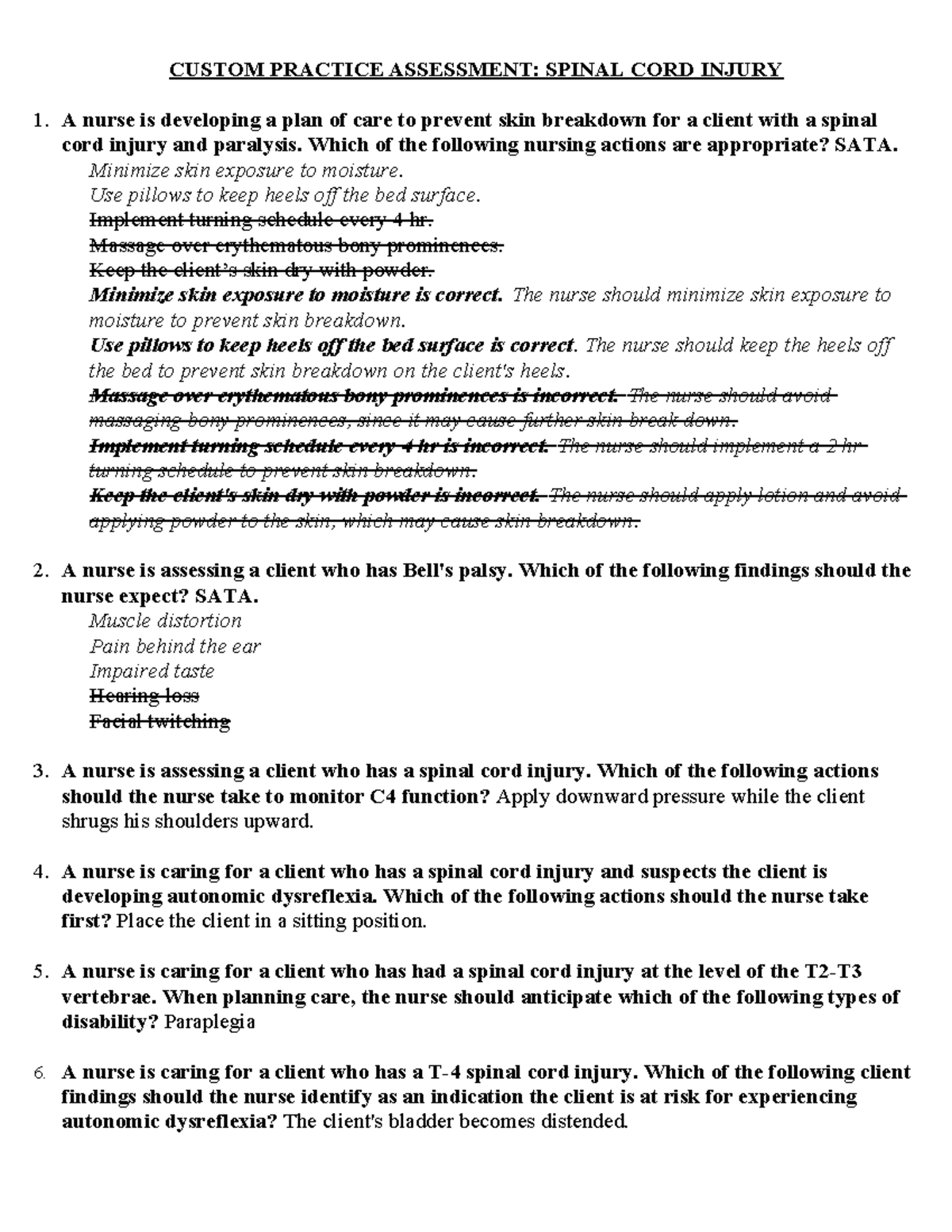 Spinal Cord Injury Quiz CUSTOM PRACTICE ASSESSMENT SPINAL CORD