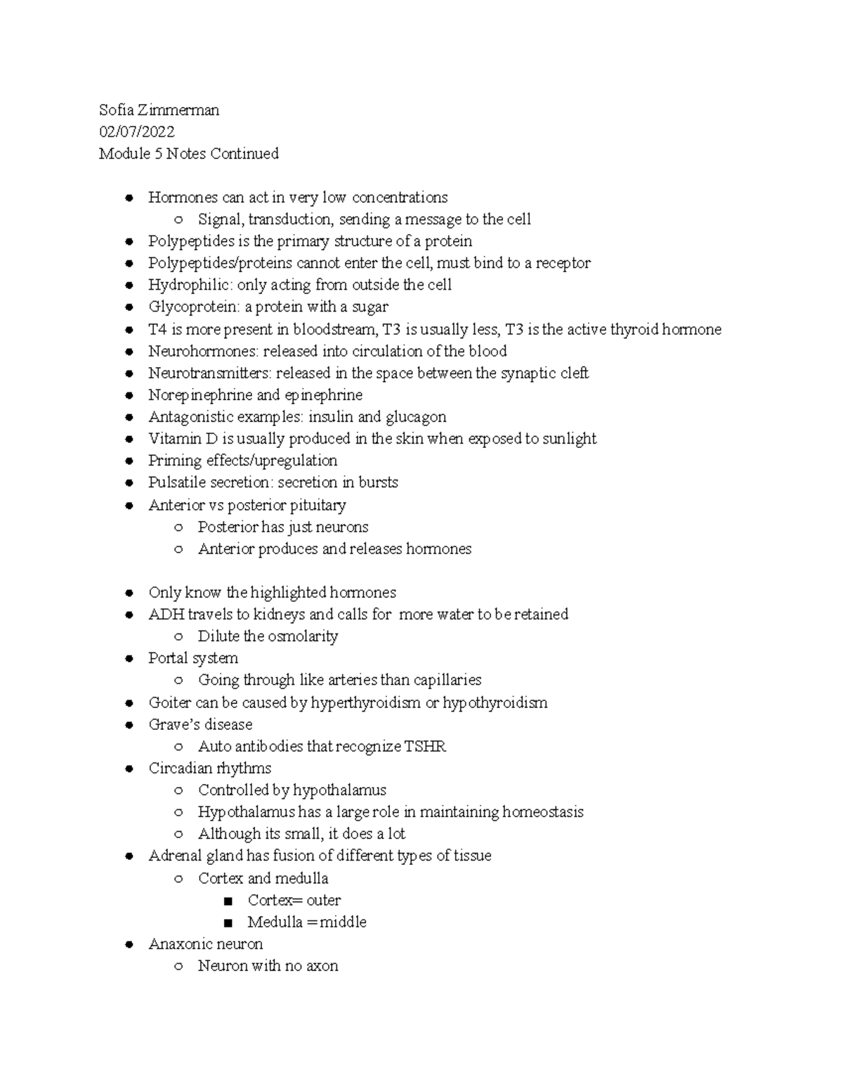 Module 5 Notes Cont - Sofia Zimmerman 02/07/ Module 5 Notes Continued ...