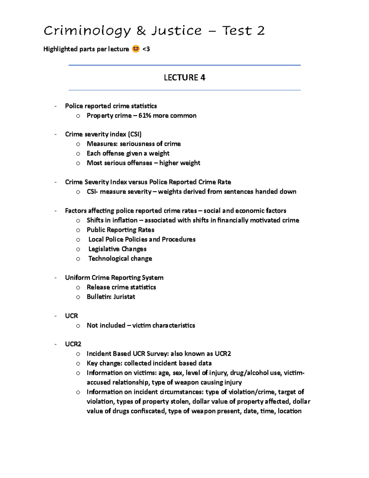 Crim Test 2 - Practice Questions For Test 2 - Highlighted Parts Per Lecture