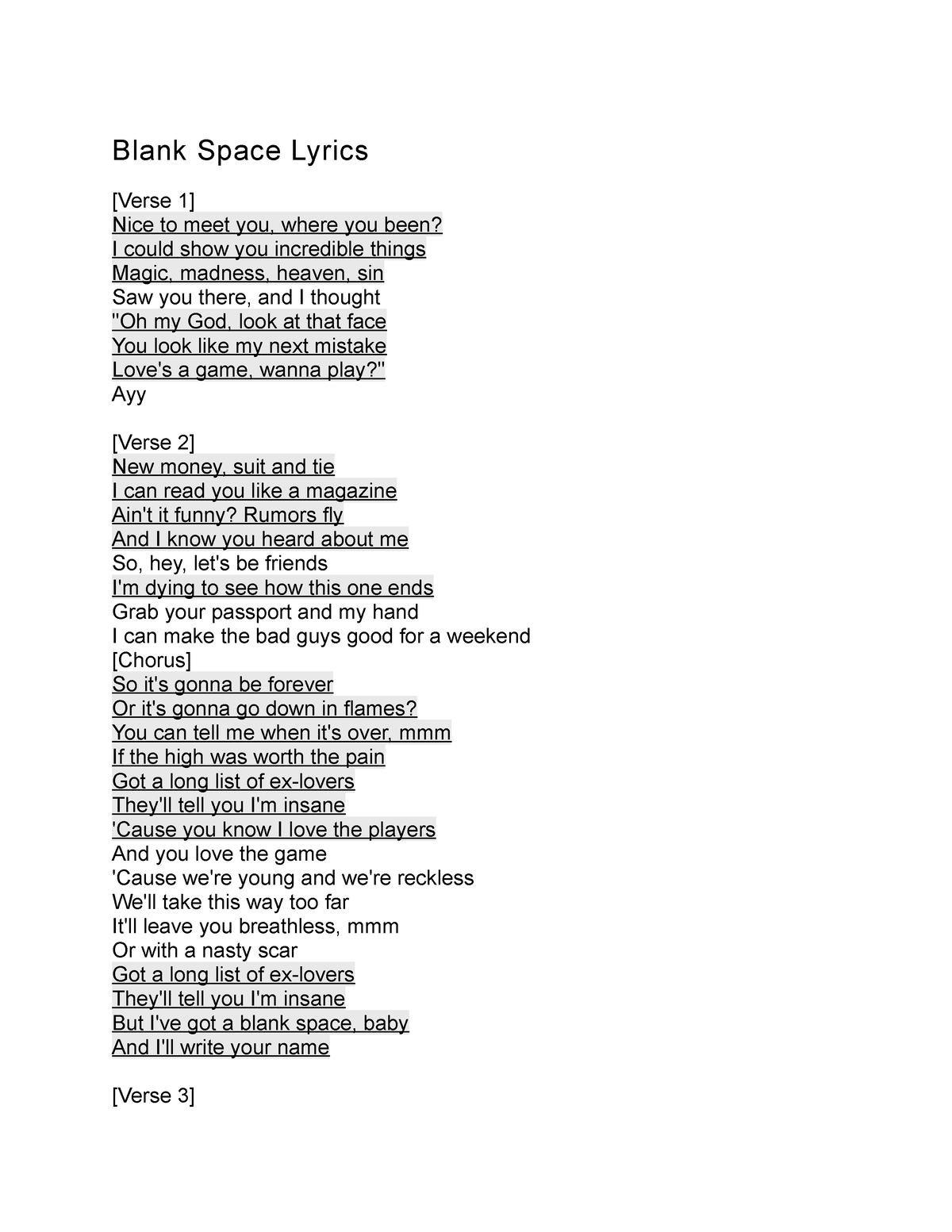 taylor swift song lyrics blank space