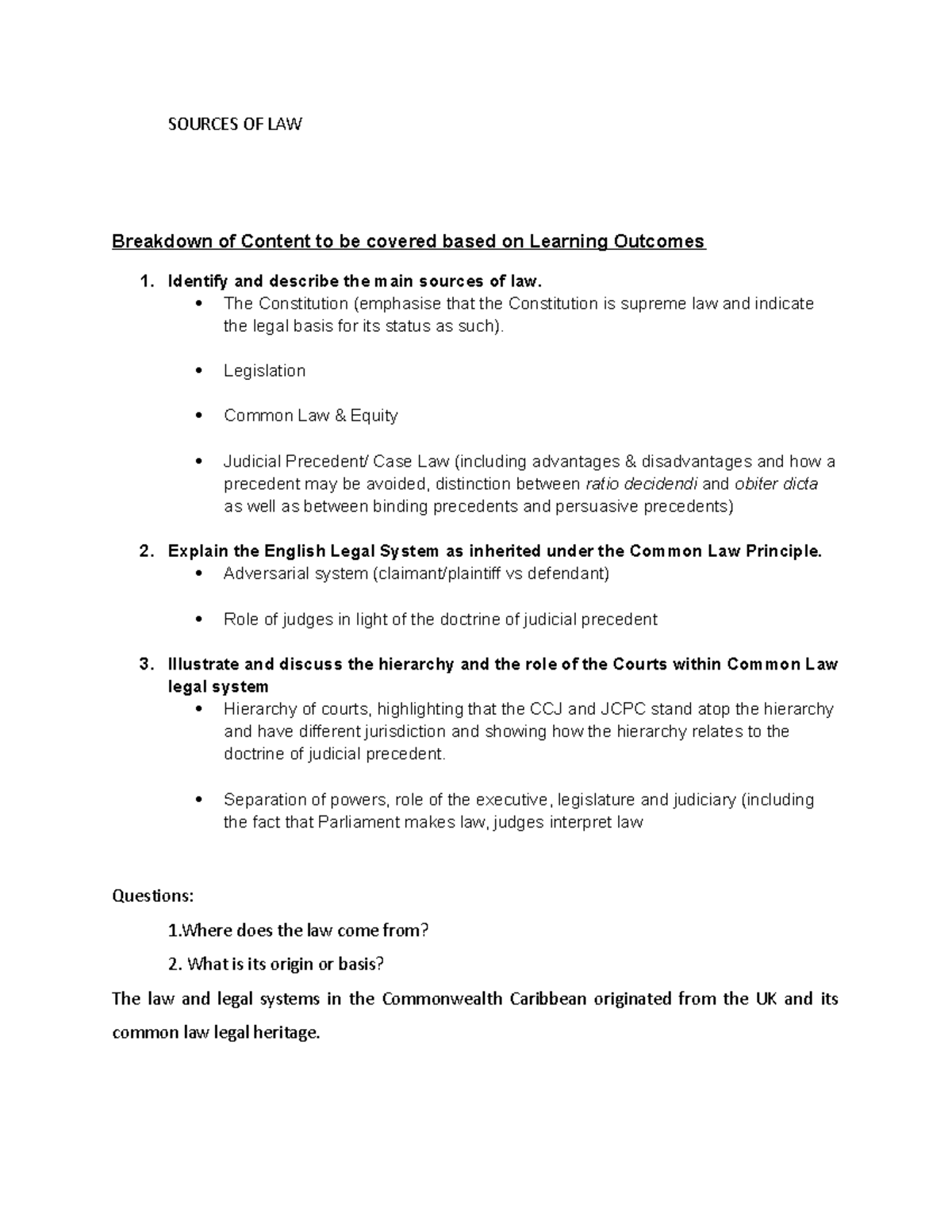 Lecture Notes Unit 1 - SOURCES OF LAW Breakdown of Content to be ...