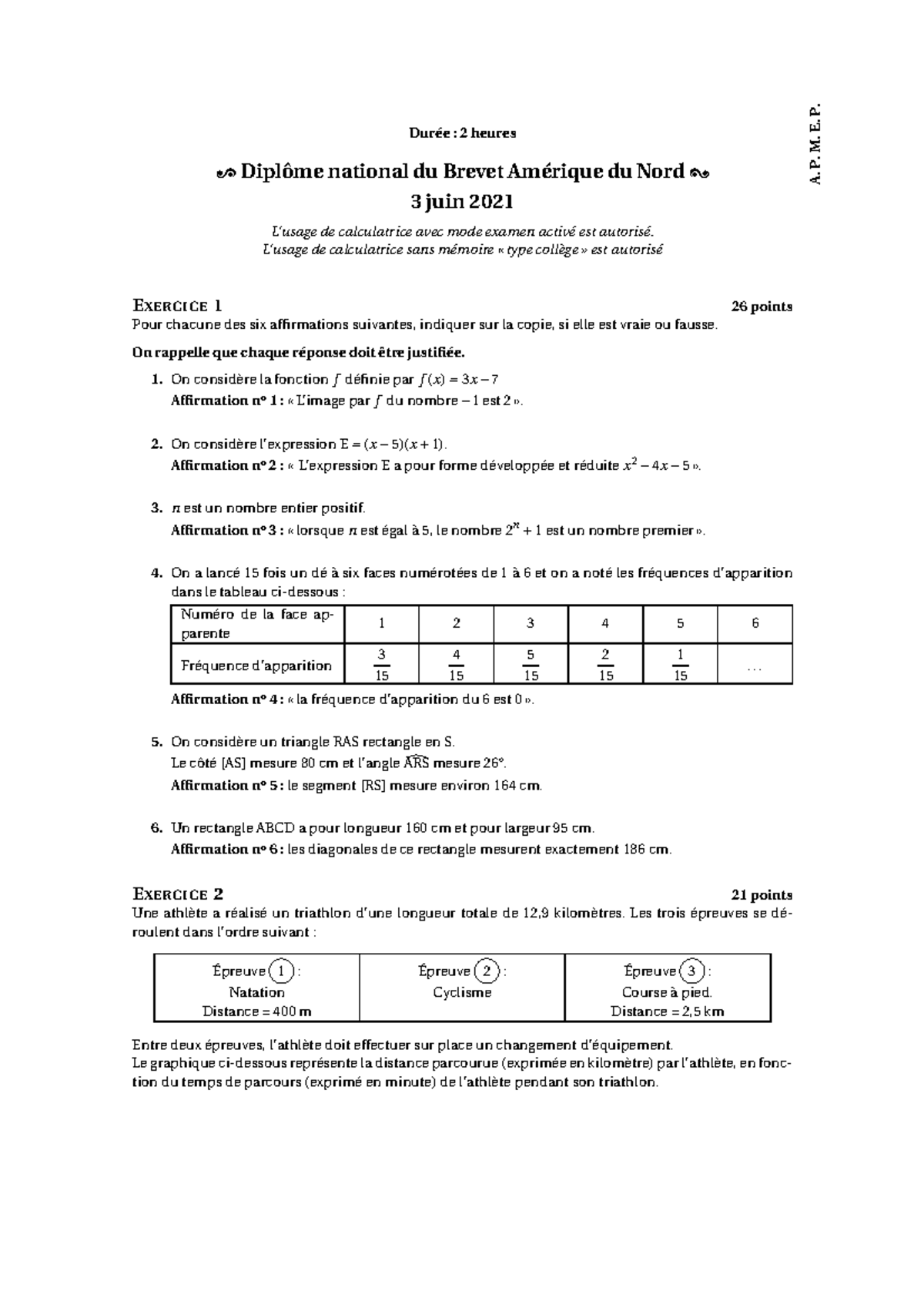 Brevet Amerique du Nord 2021 FK2 A. P. M. E. P. Durée 2 heures