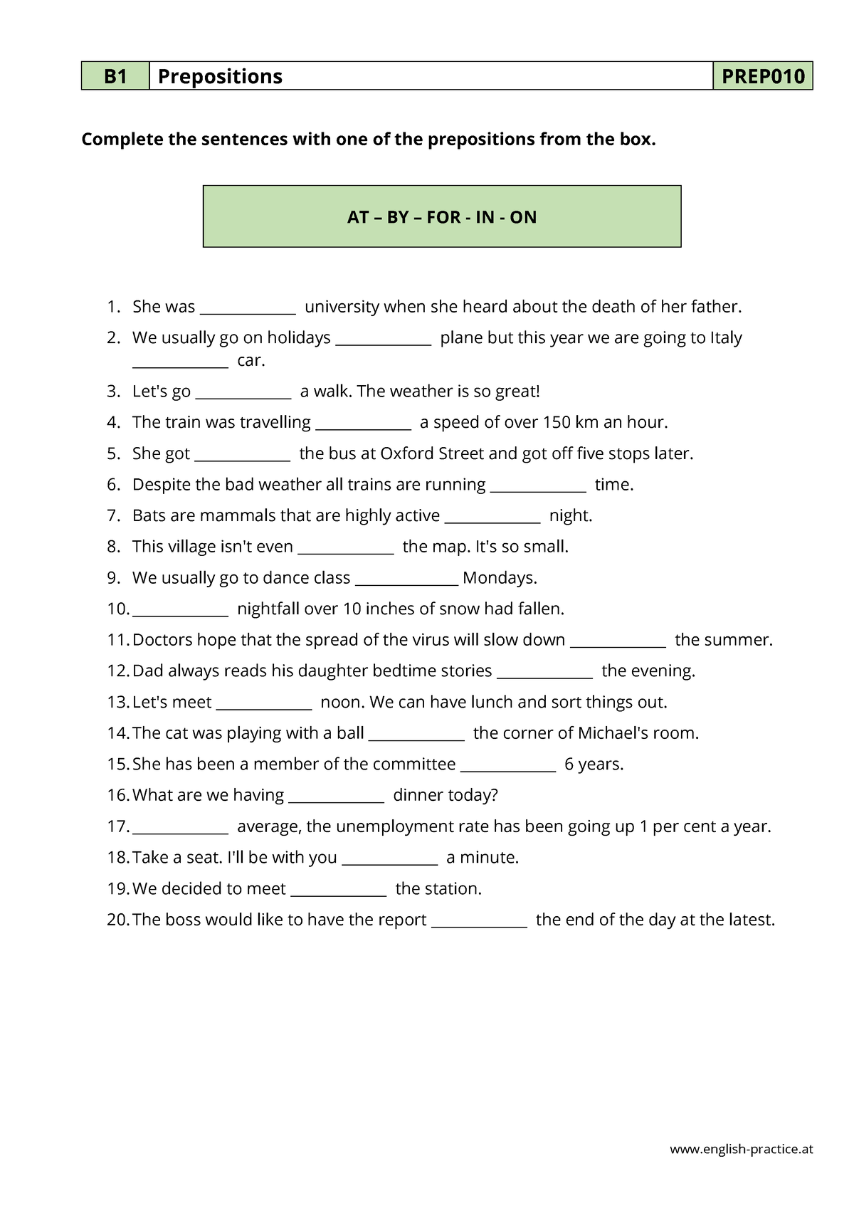 Preposition Exercise - English-practice B1 Prepositions PREP Complete ...