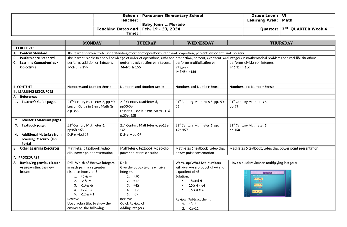 DLL Mathematics 6 Q2 W9 - None - School: Pandanon Elementary School ...