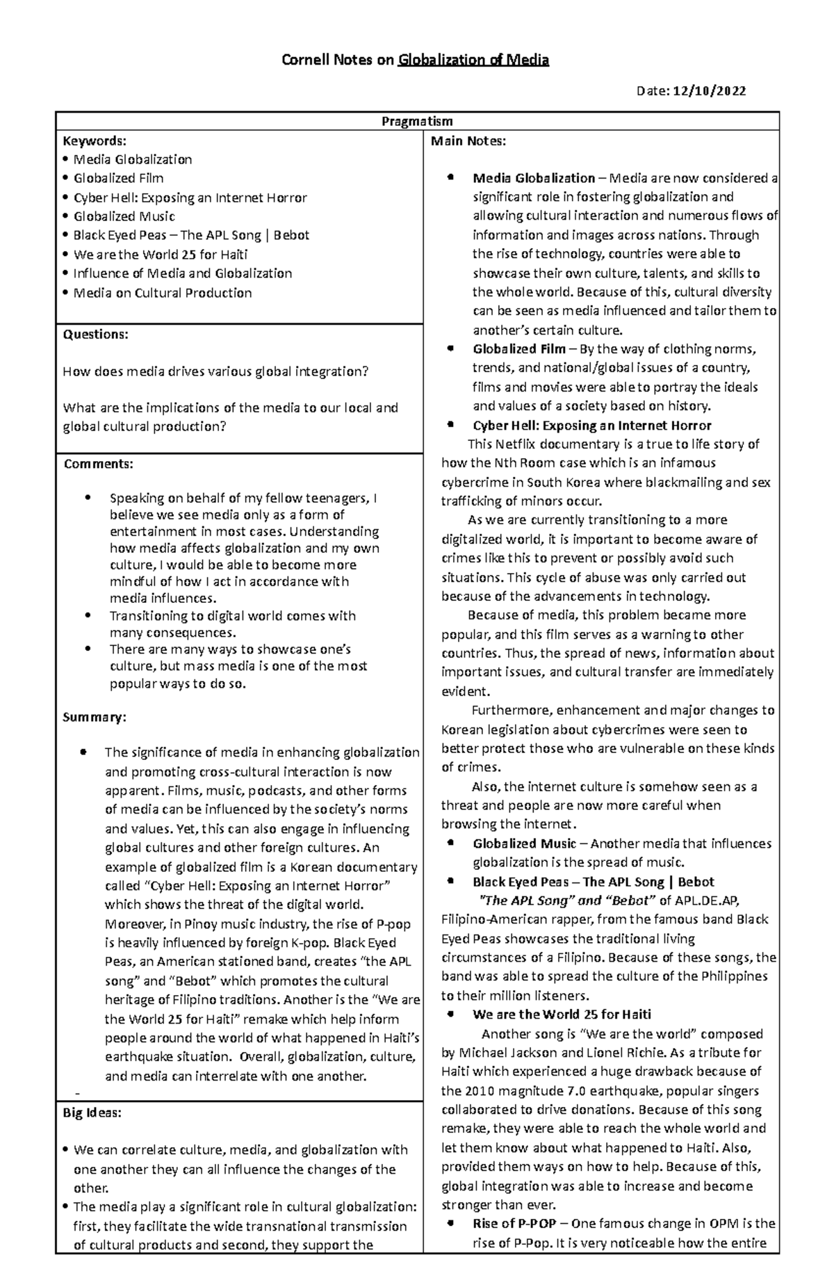 Media Globalization - Cornell Notes - Cornell Notes on Globalization of ...