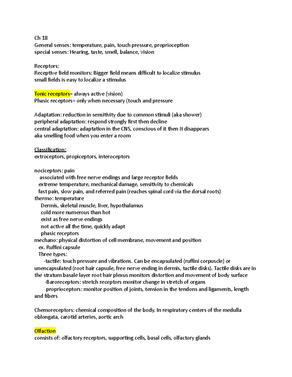 Anatomy Ch 18 - Lecture notes Ch 18 - Ch 18 General senses: temperature ...