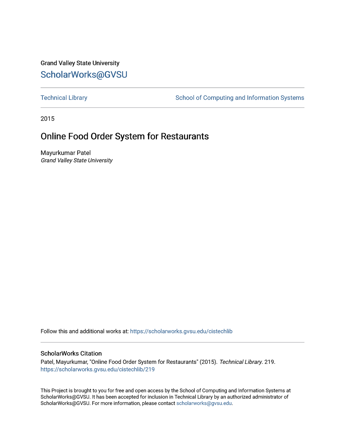 Online Food Order System for Restaurants Grand Valley State