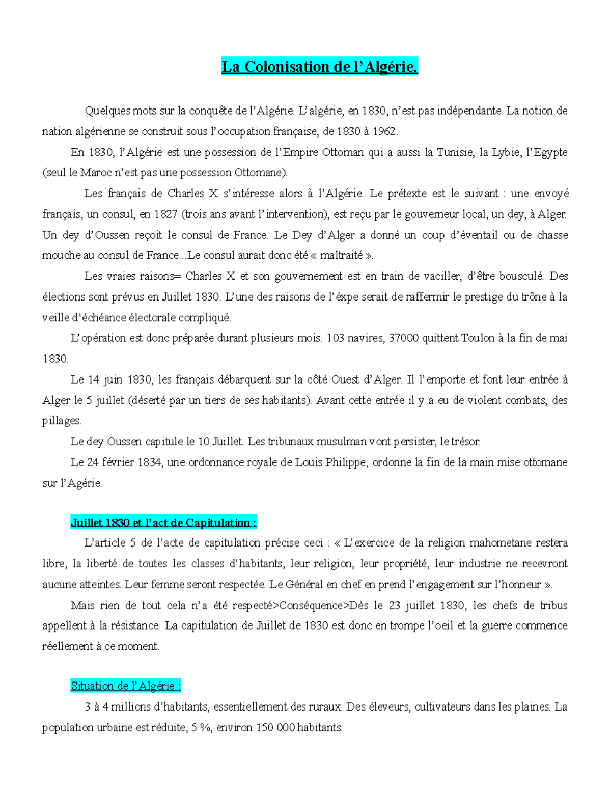 Developpement Construit Sur La Decolonisation De L algerie La Colonisation de l'Algérie - Histoire contemporaine - UPVM - Studocu