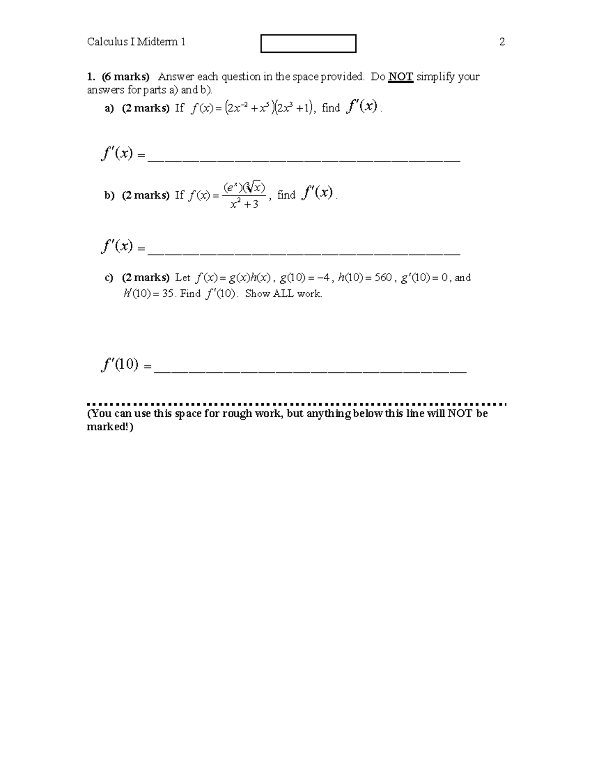 Sample midterm for students 16 - 1. (6 marks) Answer each question in ...