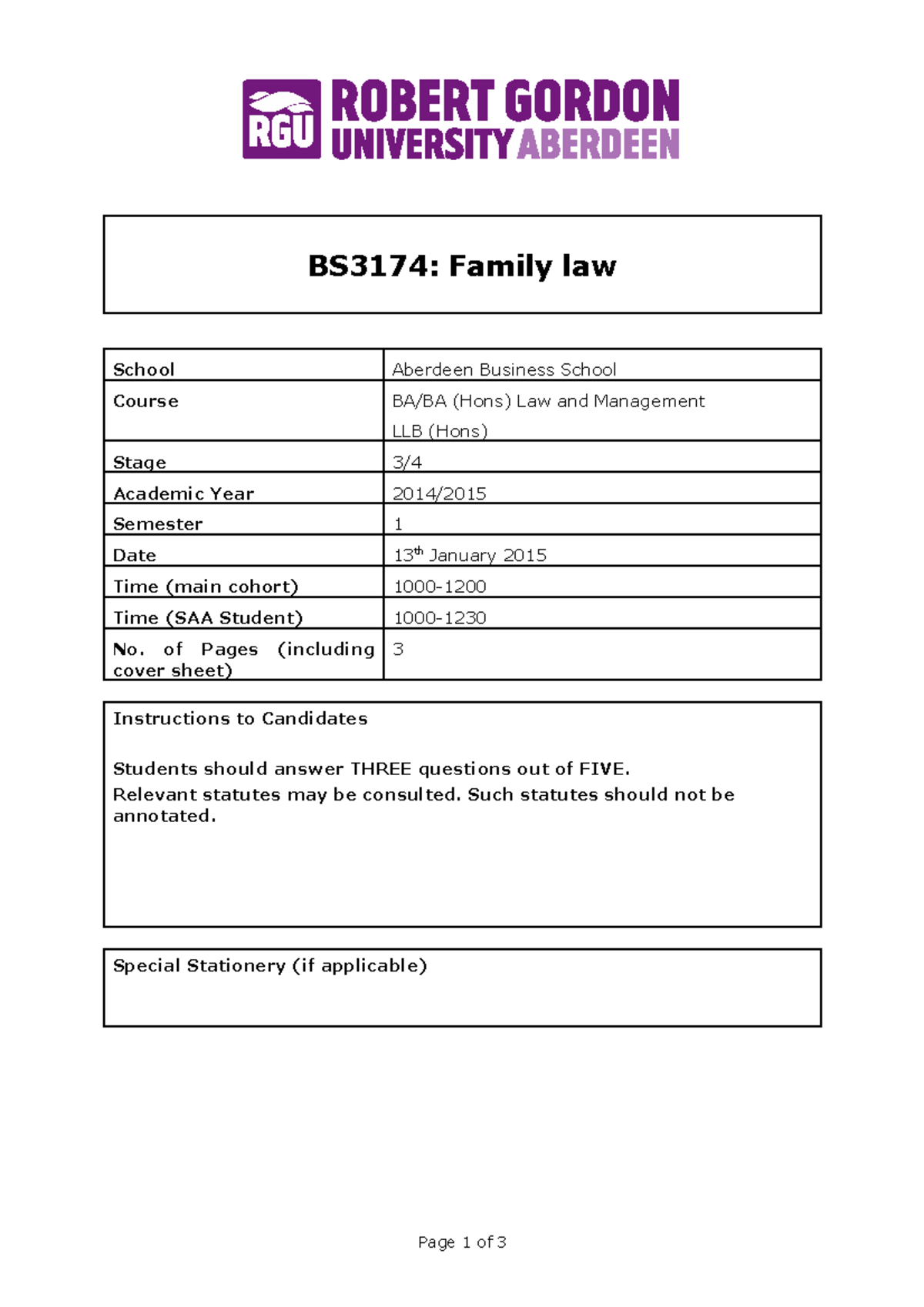 Family Law Exam BS3174 Family law School Aberdeen Business School