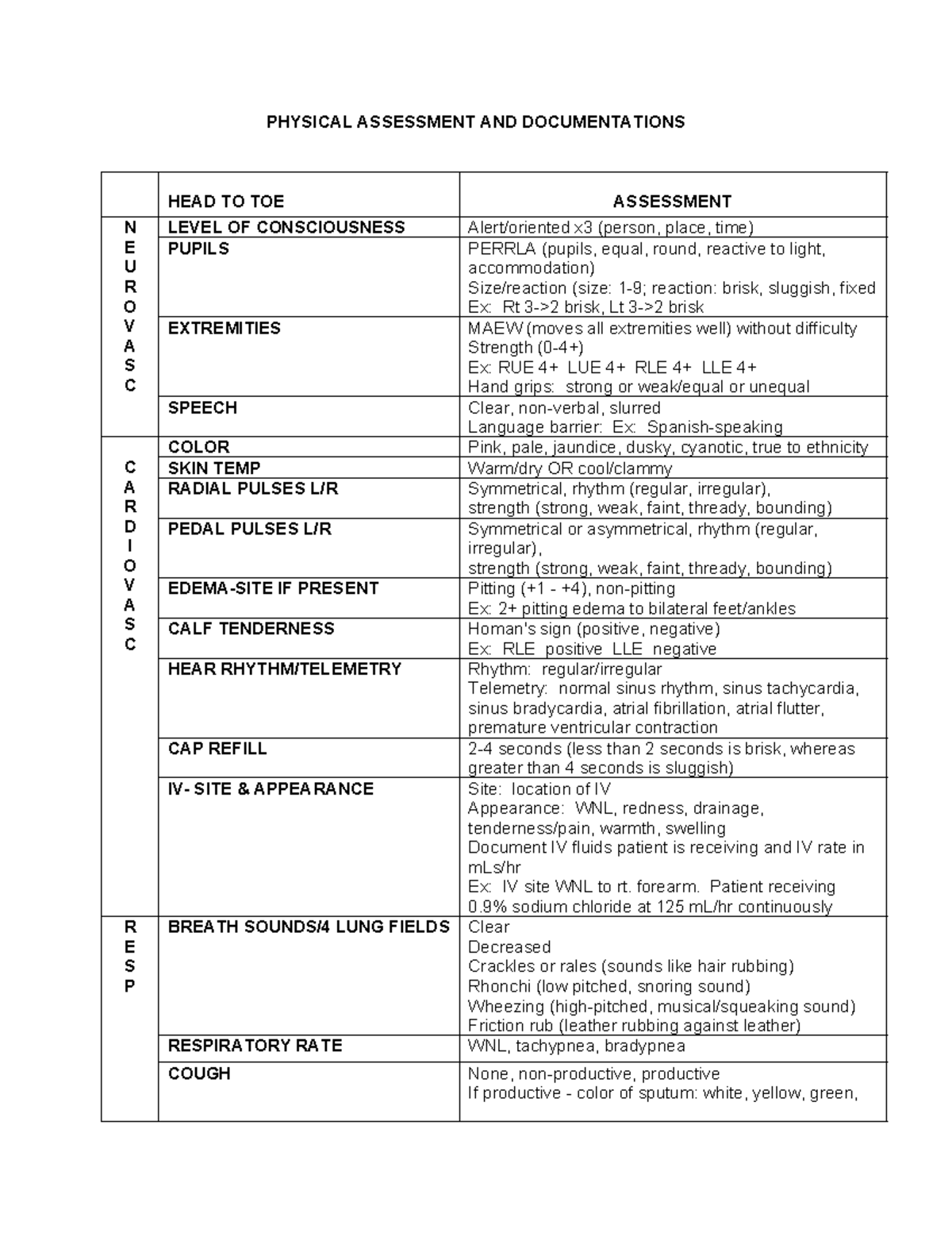 Physical Assessment Documentation Examples Physical Assessment And