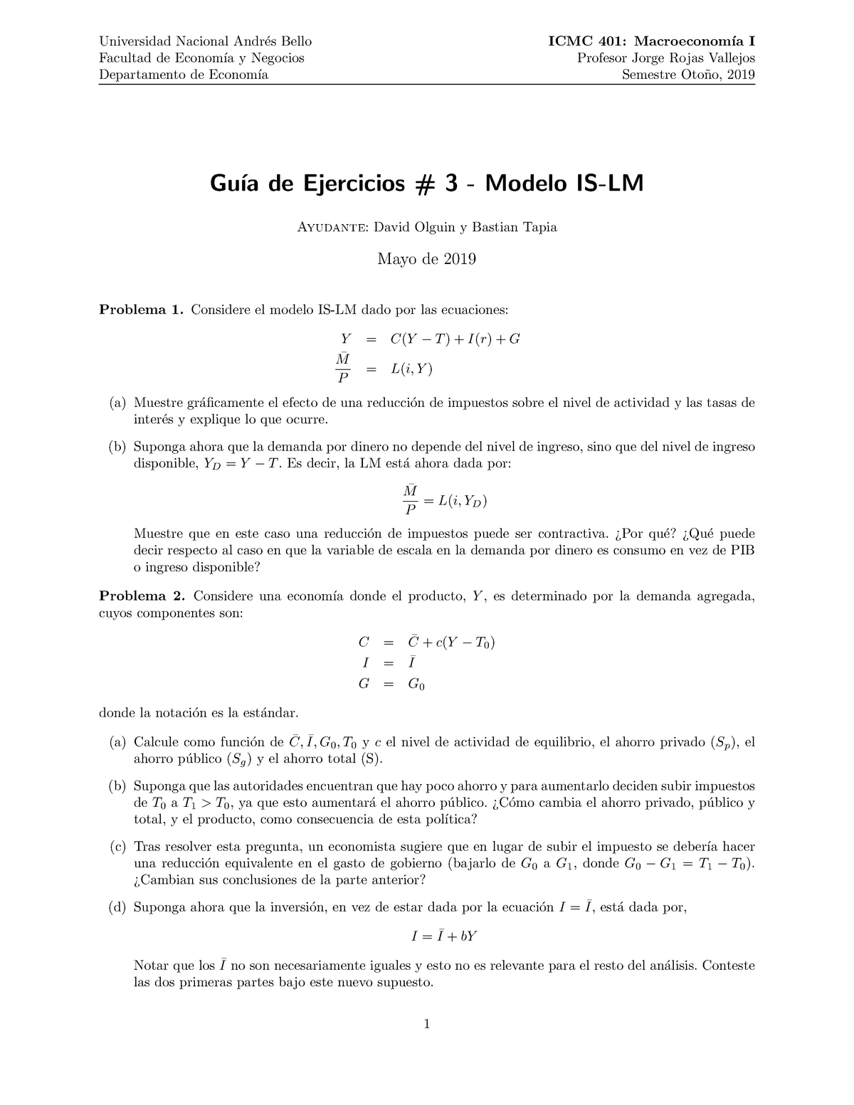 Guía Nº3 - Ejercicios Macroeconomia IS-LM - Universidad Nacional Andr ...