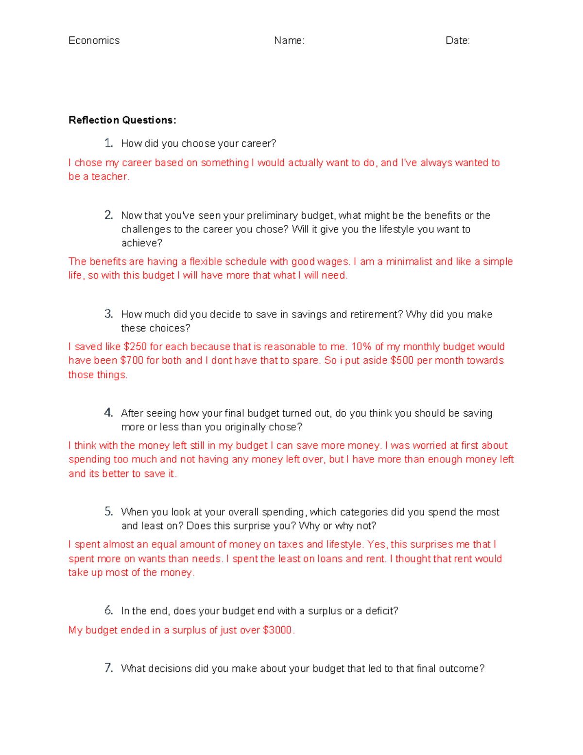 Create Your Future Budget - Economics Name: Date: Reflection Questions ...