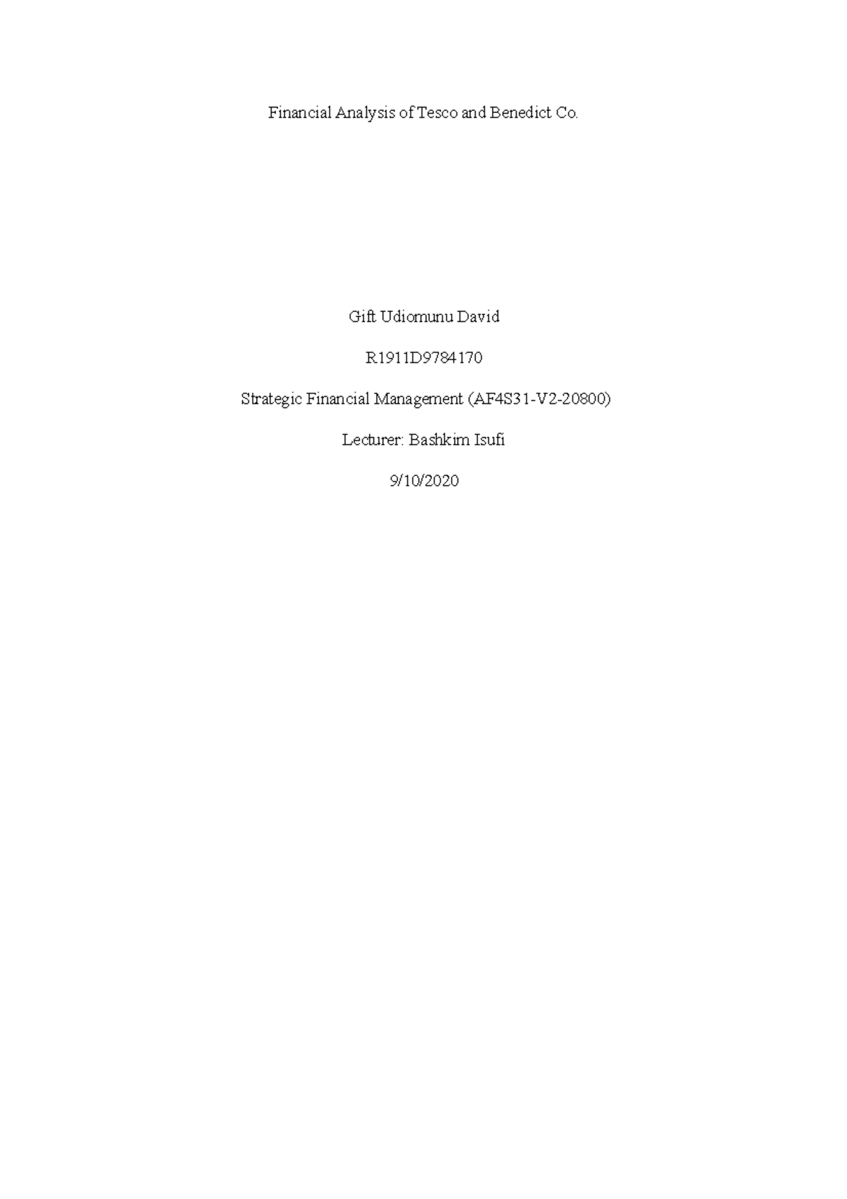 Summative Assignment 1 - Financial Analysis of Tesco and Benedict Co ...