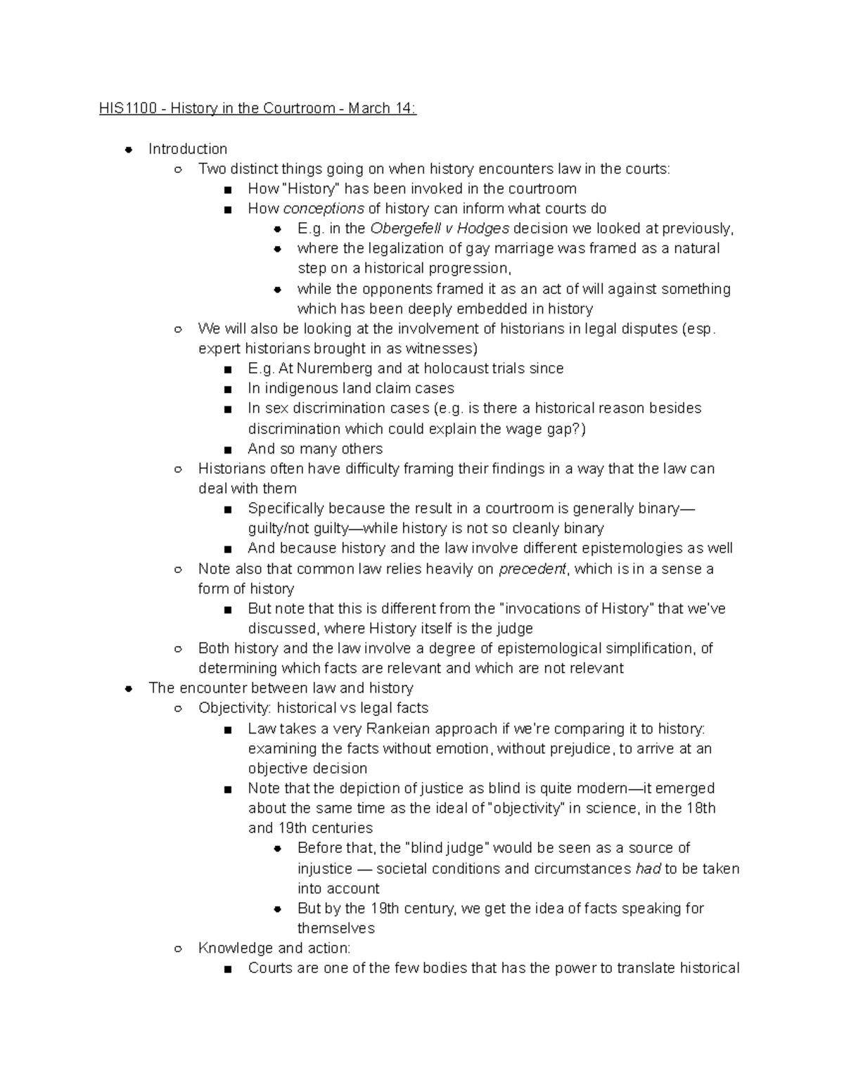 HIS1100 March 14 History in the Courtroom HIS1100 History in