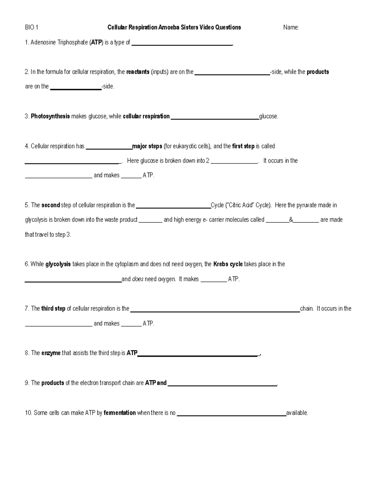 3 Cellular Respiration Amoeba Sisters Video Questions - In the formula ...