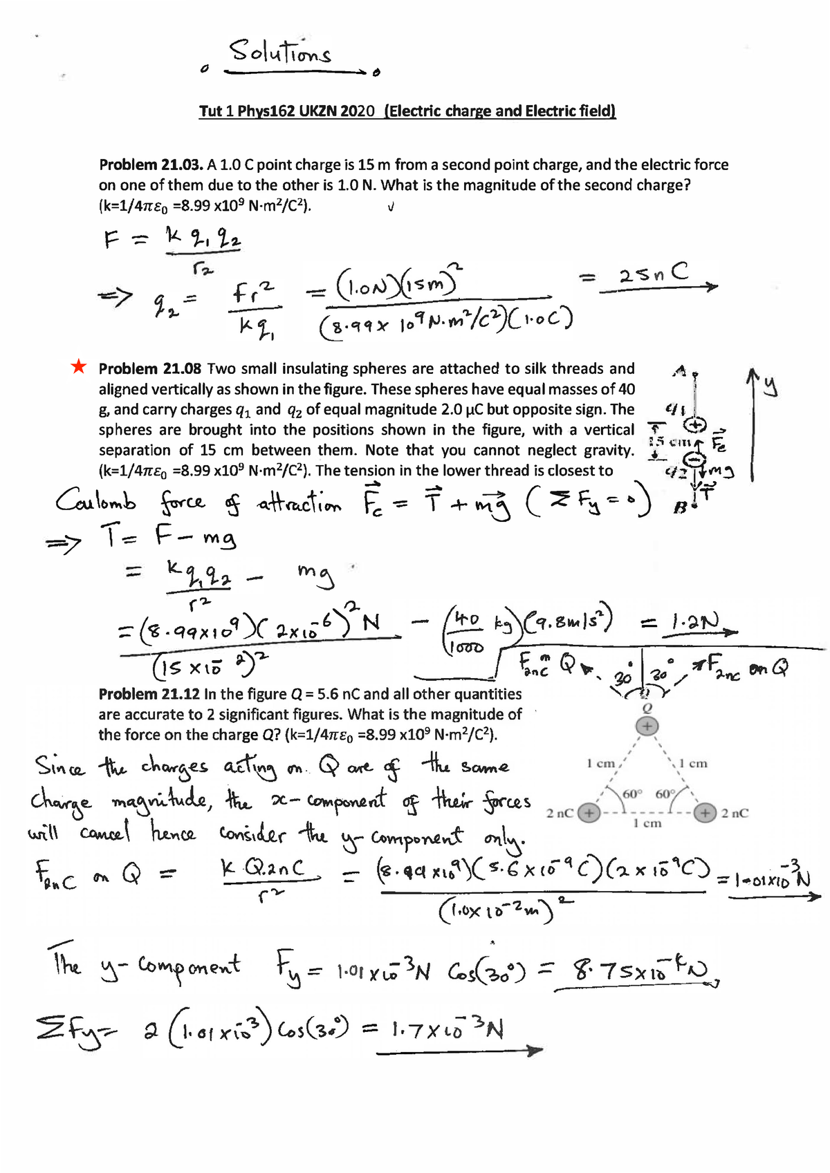 PHYS162 TUT 1 Solutions - (J -•fJ Tut 1 Phys1 2 UKZN 2020 (Electric ...