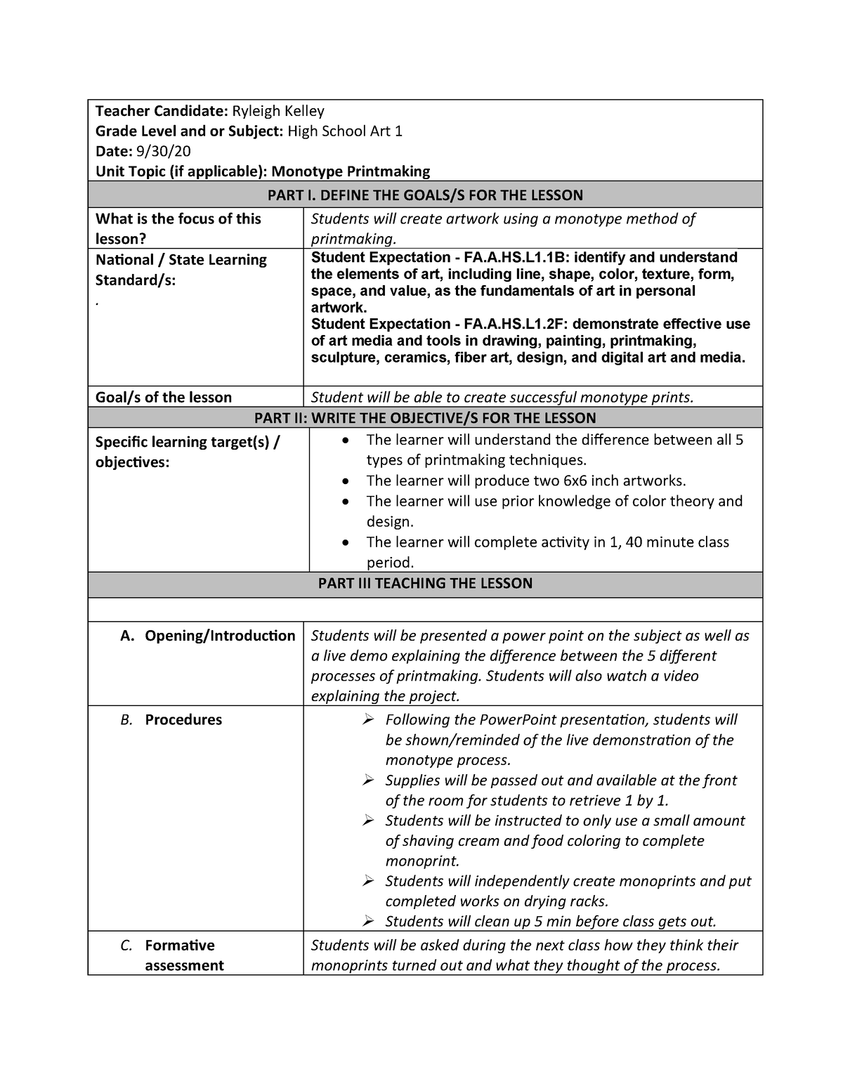 Printmaking-lesson-plan compress - Teacher Candidate: Ryleigh Kelley ...