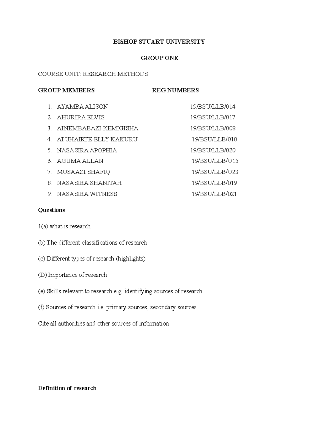 Group one - Assignment - BISHOP STUART UNIVERSITY GROUP ONE COURSE UNIT ...